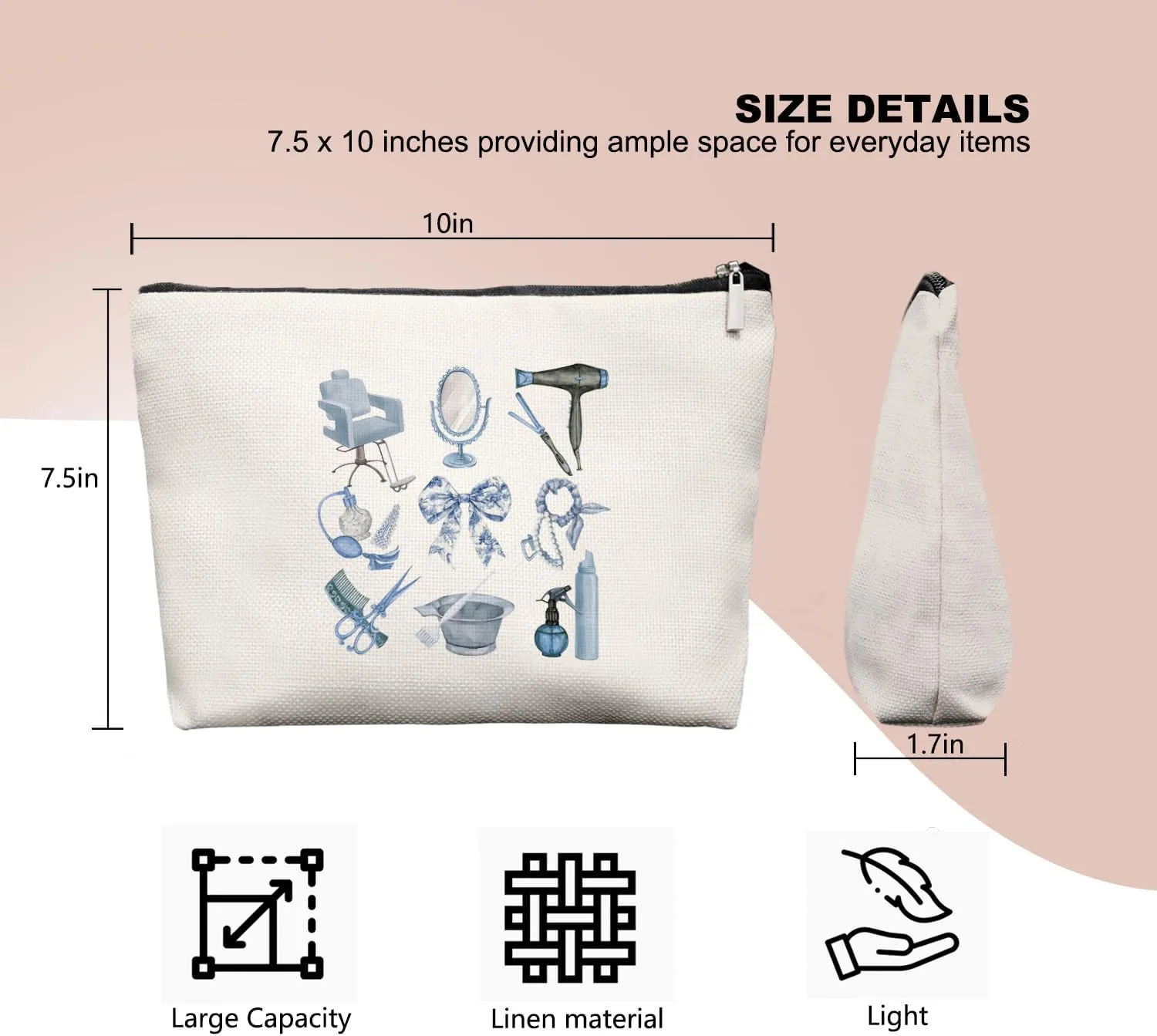 Blue Chinoiserie Bow Hairstylist Makeup Bag, Cosmetology Student Gift for Women, Cute Hairdresser Travel Pouch, Aesthetic Blue Toile Salon Organizer for Teen Girls, 7.5 x 10 in