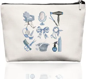 Blue Chinoiserie Bow Hairstylist Makeup Bag, Cosmetology Student Gift for Women, Cute Hairdresser Travel Pouch, Aesthetic Blue Toile Salon Organizer for Teen Girls, 7.5 x 10 in