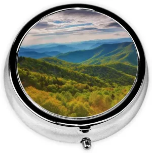 Blue Ridge Parkway Mountains Pill Box Round Pill Case for Pocket Purse 3 Compartment Medicine Pill Organizer Cute Portable Travel Pillbox Vitamin Cod Liver Oil Storage Box Unique Gift Organizer