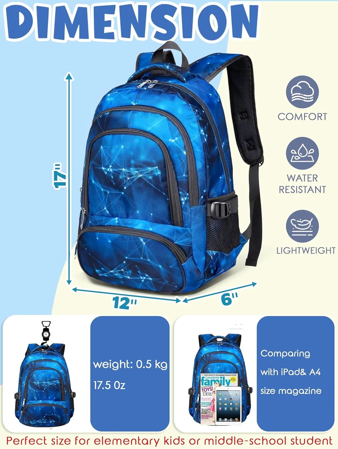 BLUEFAIRY Kids Backpack for Boys School Bookbags for Elementary Primary Middle Bulk Book Bags for Teens Childs Mochilas para Niños Aged 8-10 Years Star Blue 2 Pack