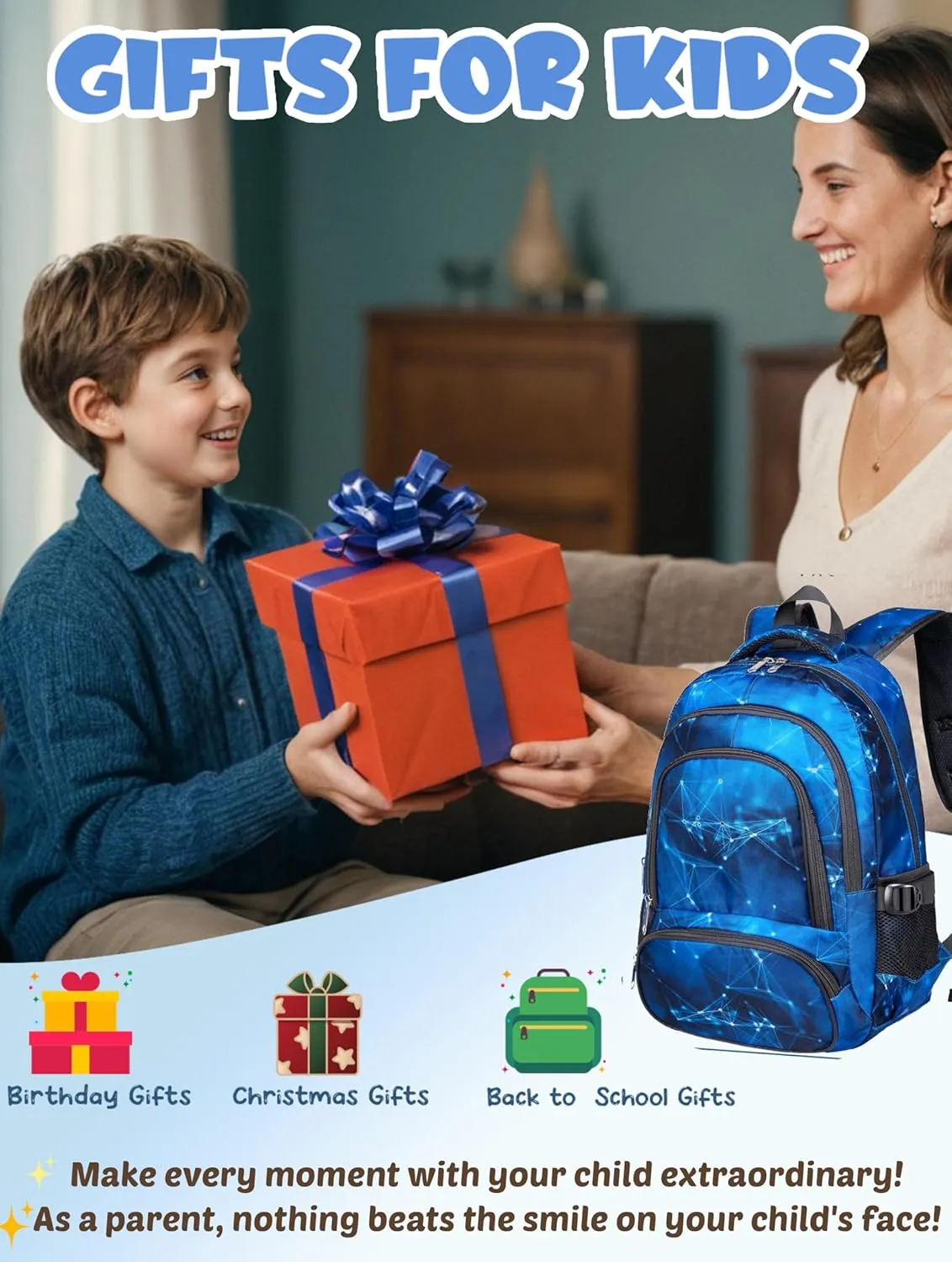 BLUEFAIRY Kids Backpack for Boys School Bookbags for Elementary Primary Middle Bulk Book Bags for Teens Childs Mochilas para Niños Aged 8-10 Years Star Blue 2 Pack