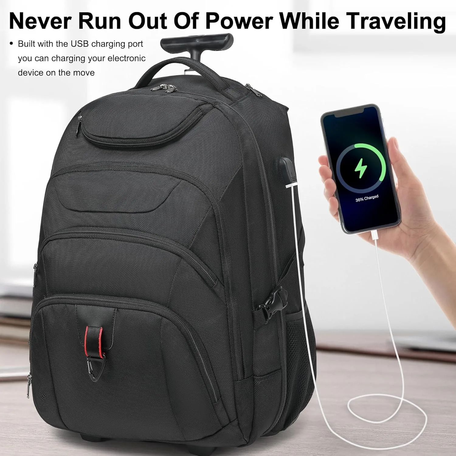 Boavan Wheeled Backpack,18.4 inch Water Resistant Rolling Backpack,Carry on Luggage Business Bag, Overnight College Computer Backpack Trolley Suitcase for Men Women Adults to Travel，Black