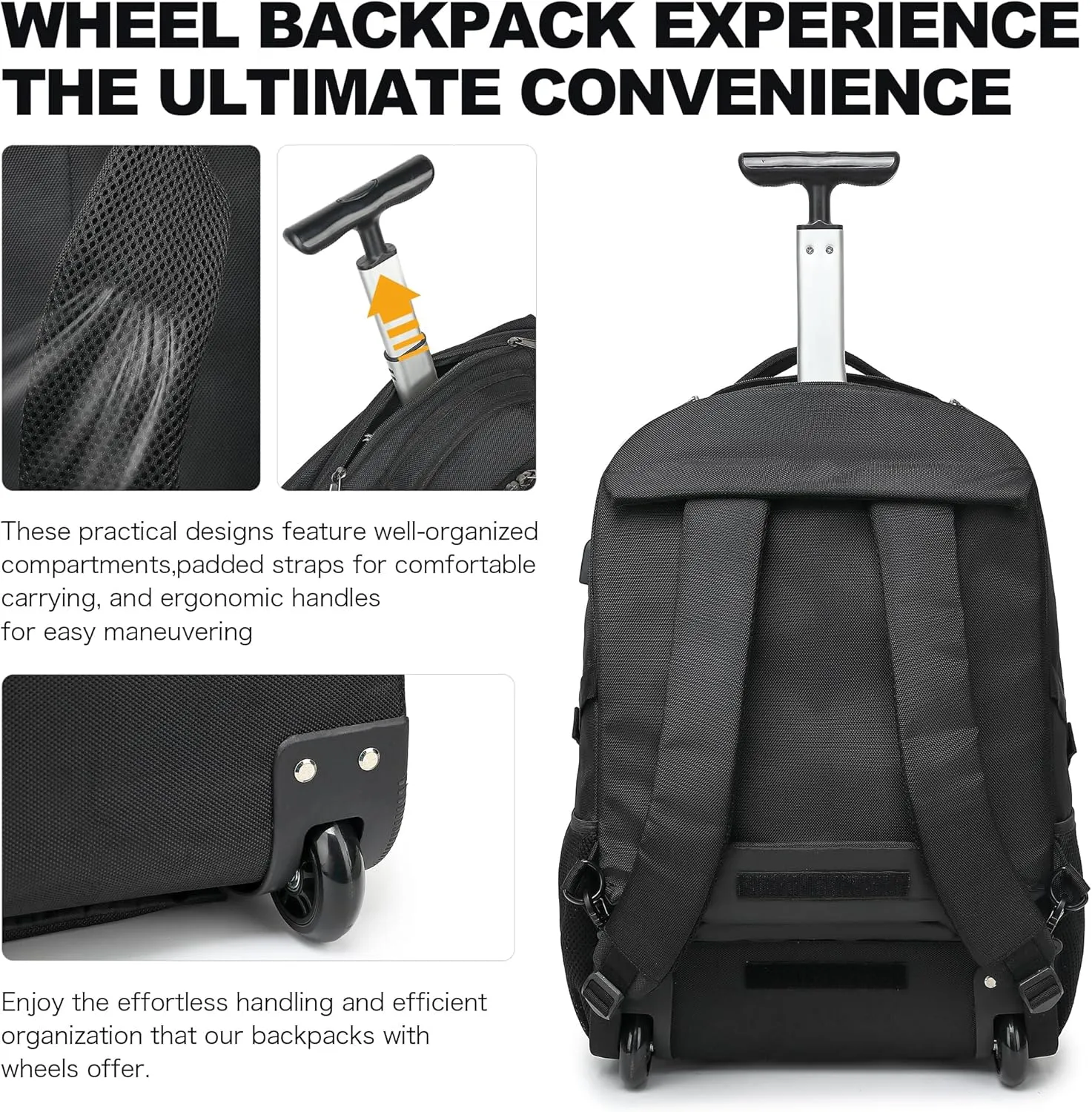 Boavan Wheeled Backpack,18.4 inch Water Resistant Rolling Backpack,Carry on Luggage Business Bag, Overnight College Computer Backpack Trolley Suitcase for Men Women Adults to Travel，Black