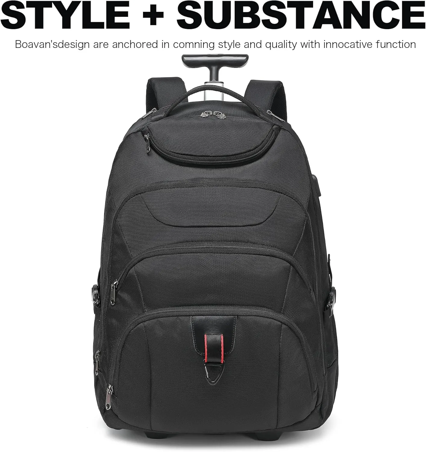 Boavan Wheeled Backpack,18.4 inch Water Resistant Rolling Backpack,Carry on Luggage Business Bag, Overnight College Computer Backpack Trolley Suitcase for Men Women Adults to Travel，Black