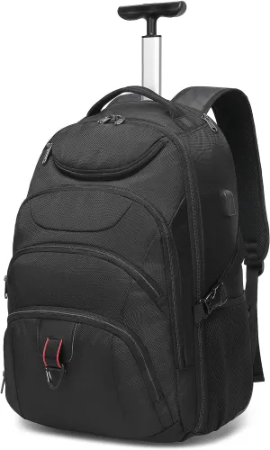 Boavan Wheeled Backpack,18.4 inch Water Resistant Rolling Backpack,Carry on Luggage Business Bag, Overnight College Computer Backpack Trolley Suitcase for Men Women Adults to Travel，Black