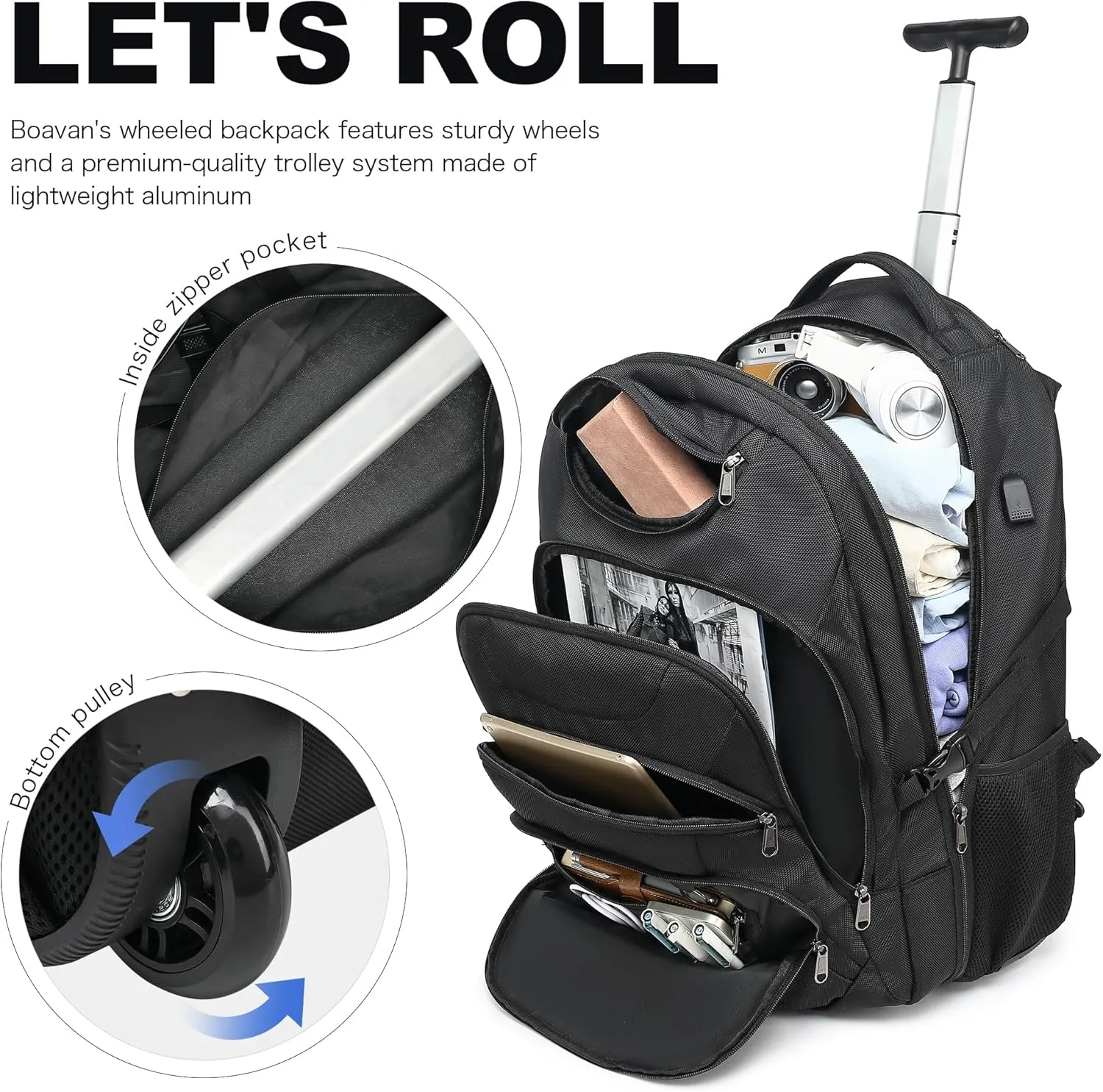 Boavan Wheeled Backpack,18.4 inch Water Resistant Rolling Backpack,Carry on Luggage Business Bag, Overnight College Computer Backpack Trolley Suitcase for Men Women Adults to Travel，Black