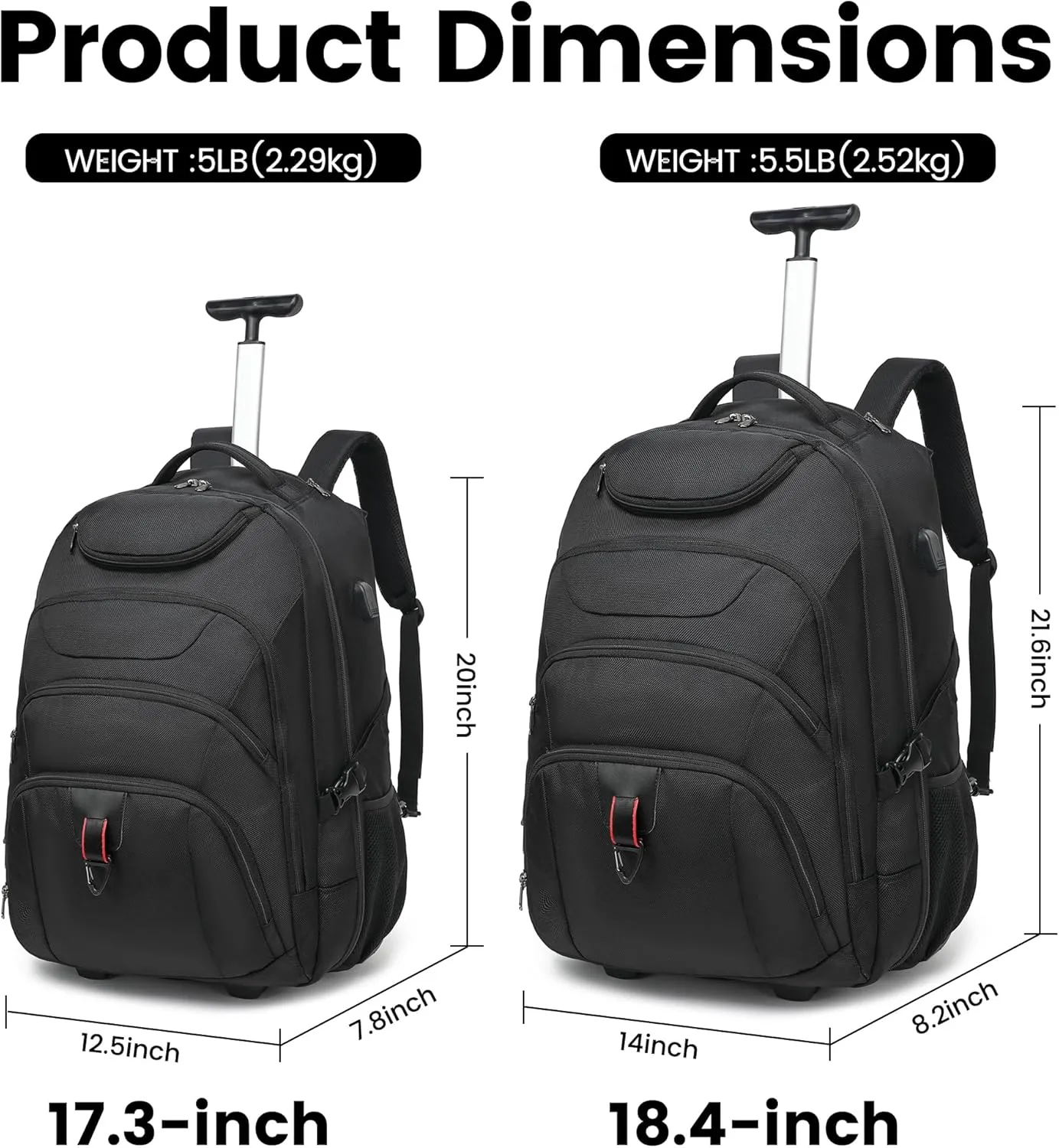 Boavan Wheeled Backpack,18.4 inch Water Resistant Rolling Backpack,Carry on Luggage Business Bag, Overnight College Computer Backpack Trolley Suitcase for Men Women Adults to Travel，Black
