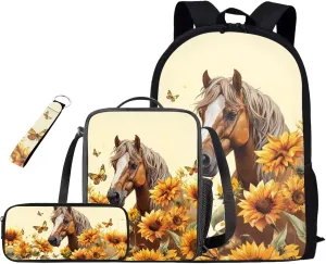 Brown Horse Kids Backpack Boys Elementary School Students Preschool Backpack with Lunch Box Pencil Case Organizer Wrist Strap Keychain Suitable for Various Occasions Such As Traveling,School