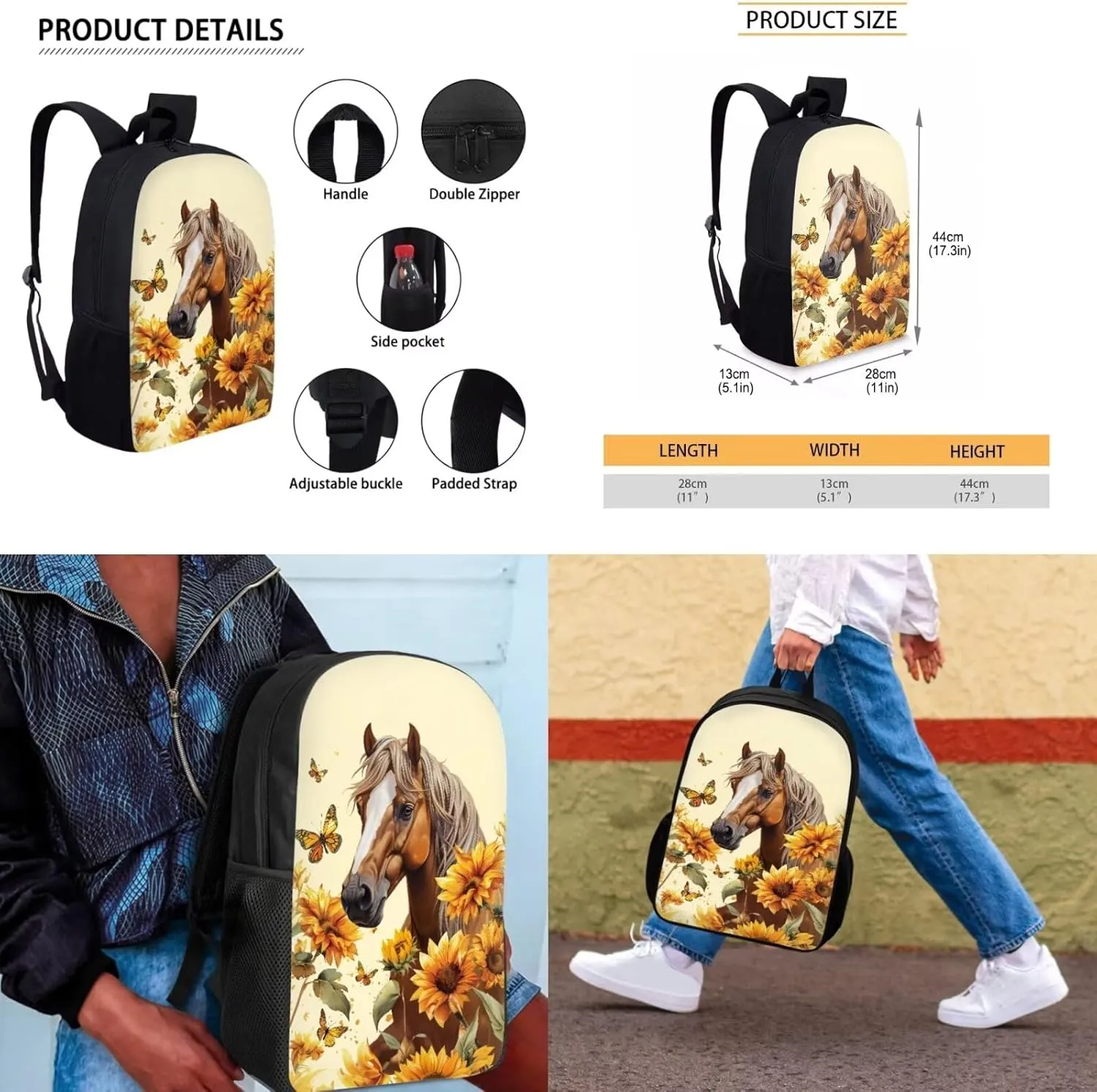 Brown Horse Kids Backpack Boys Elementary School Students Preschool Backpack with Lunch Box Pencil Case Organizer Wrist Strap Keychain Suitable for Various Occasions Such As Traveling,School