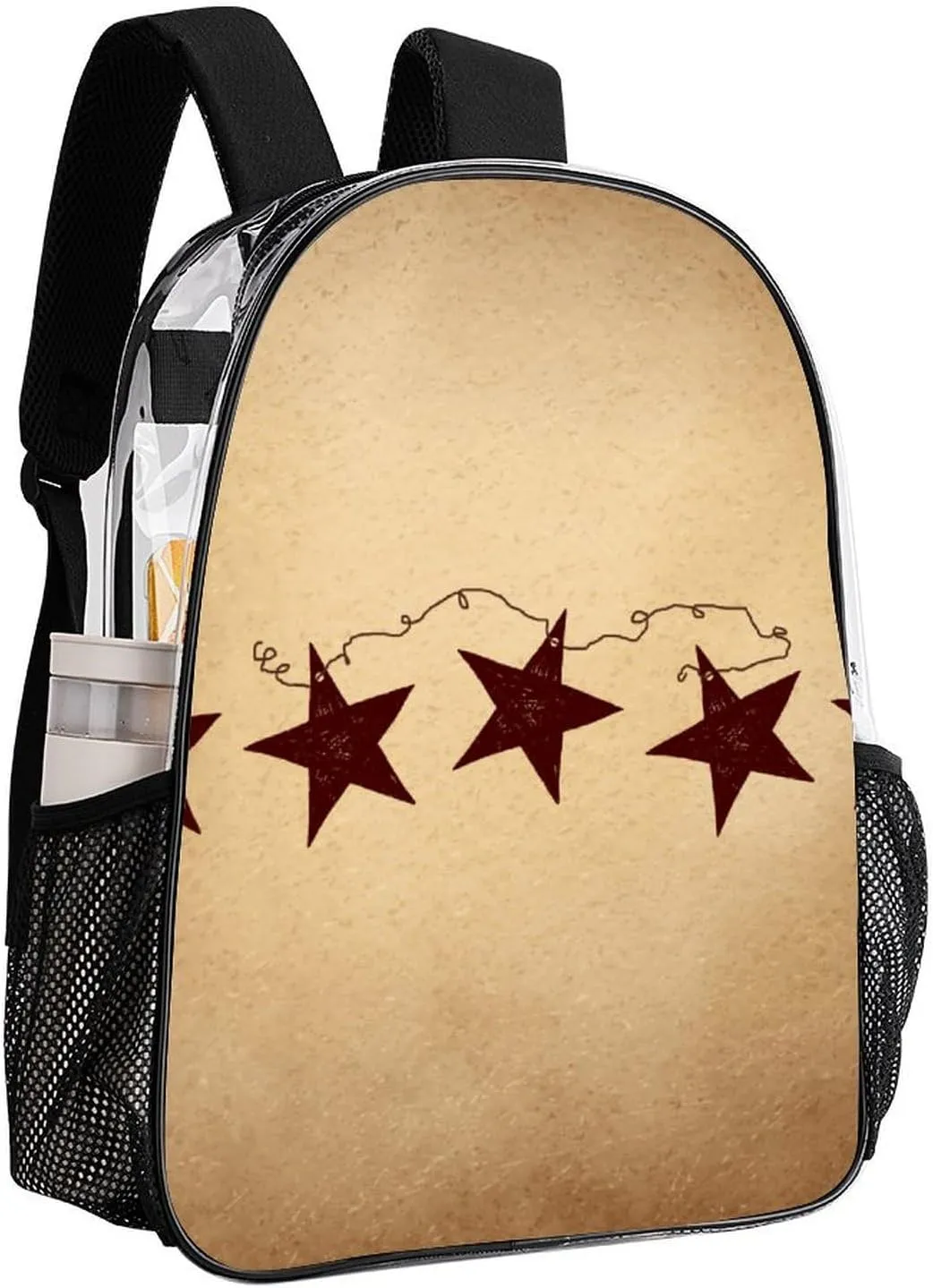 Brown Retro Star Primitive Countryside Transparent Fashion Waterproof PVC Transparent Backpack Unisex 17 Inches