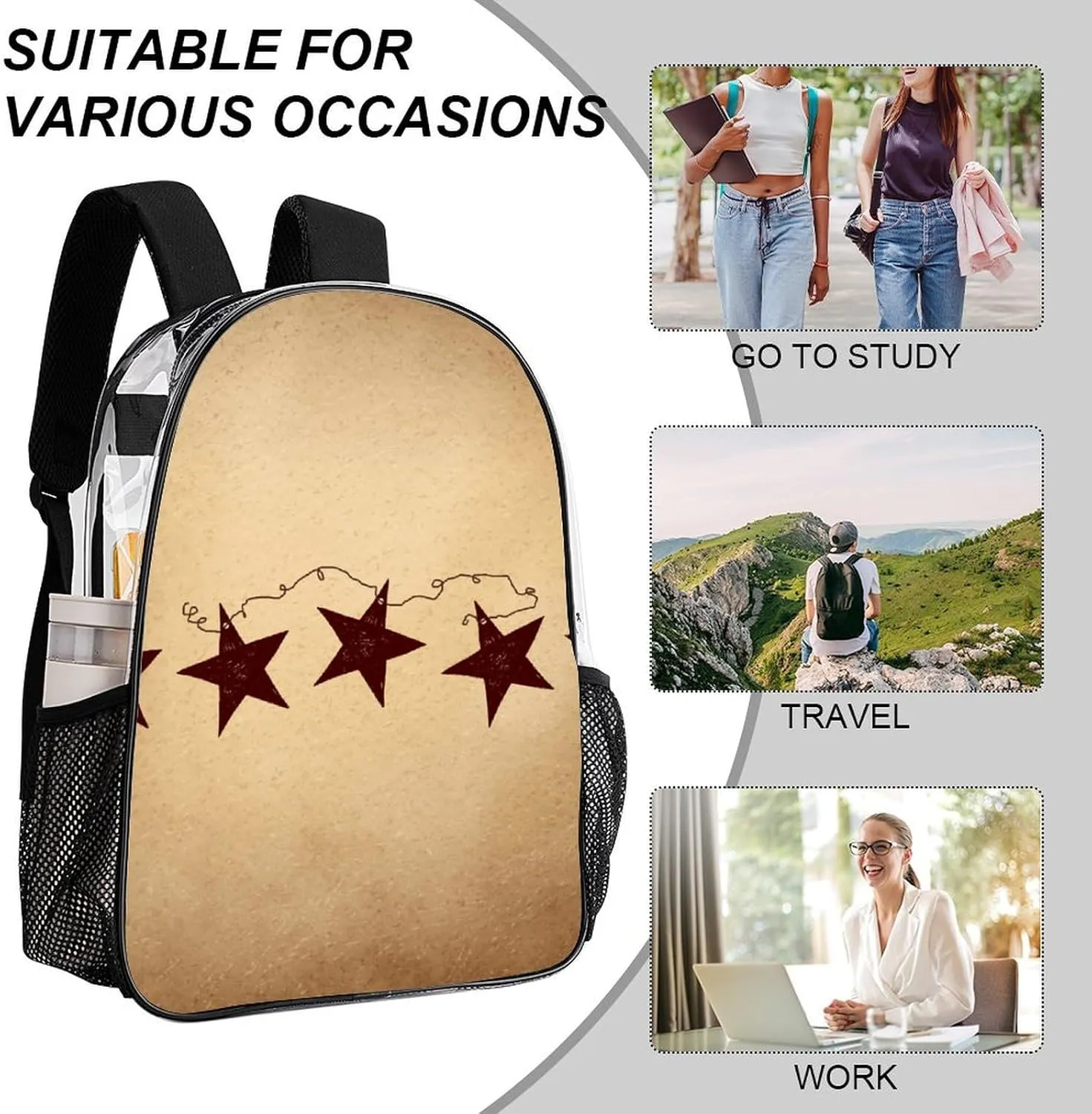 Brown Retro Star Primitive Countryside Transparent Fashion Waterproof PVC Transparent Backpack Unisex 17 Inches