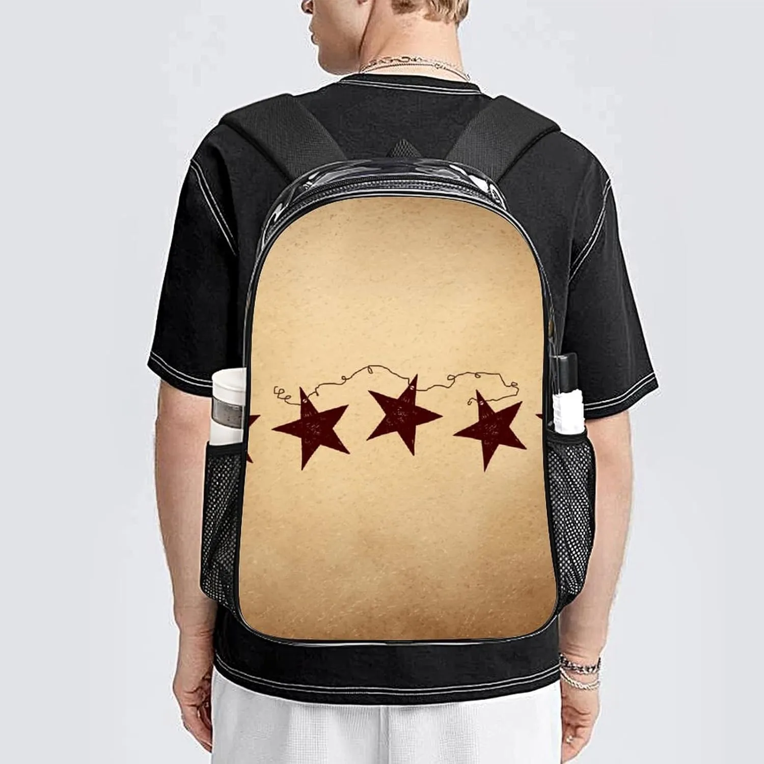 Brown Retro Star Primitive Countryside Transparent Fashion Waterproof PVC Transparent Backpack Unisex 17 Inches
