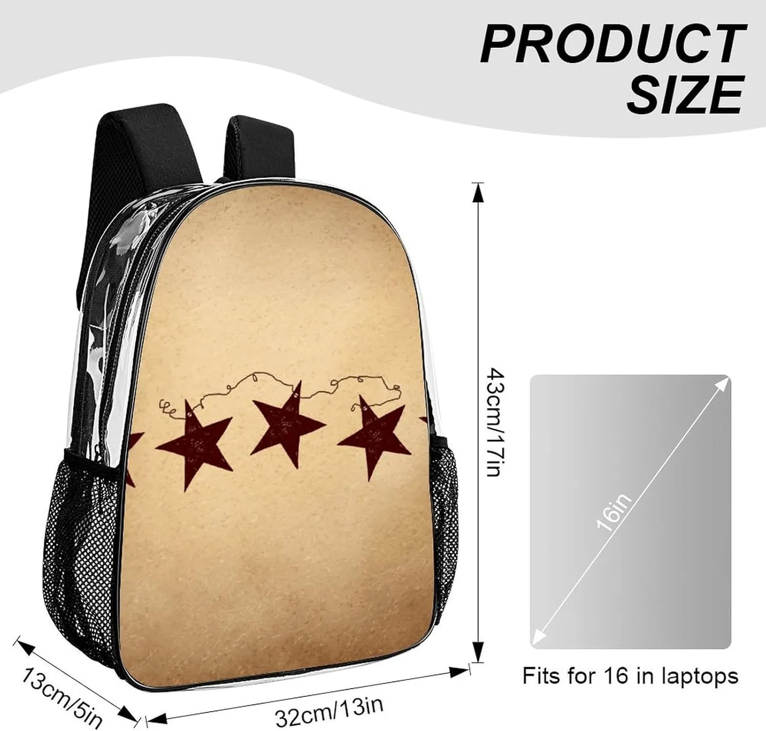 Brown Retro Star Primitive Countryside Transparent Fashion Waterproof PVC Transparent Backpack Unisex 17 Inches