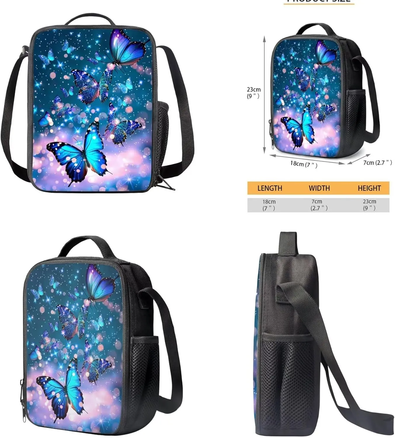 Butterfly Backpack for Girls Kids Backpack with Lunch Box and Aesthetic Pencil Case 3PCS Bookbag Set for School Teens 17 inch Large School Bag with Side Pocket Casual Daypack Backpacks