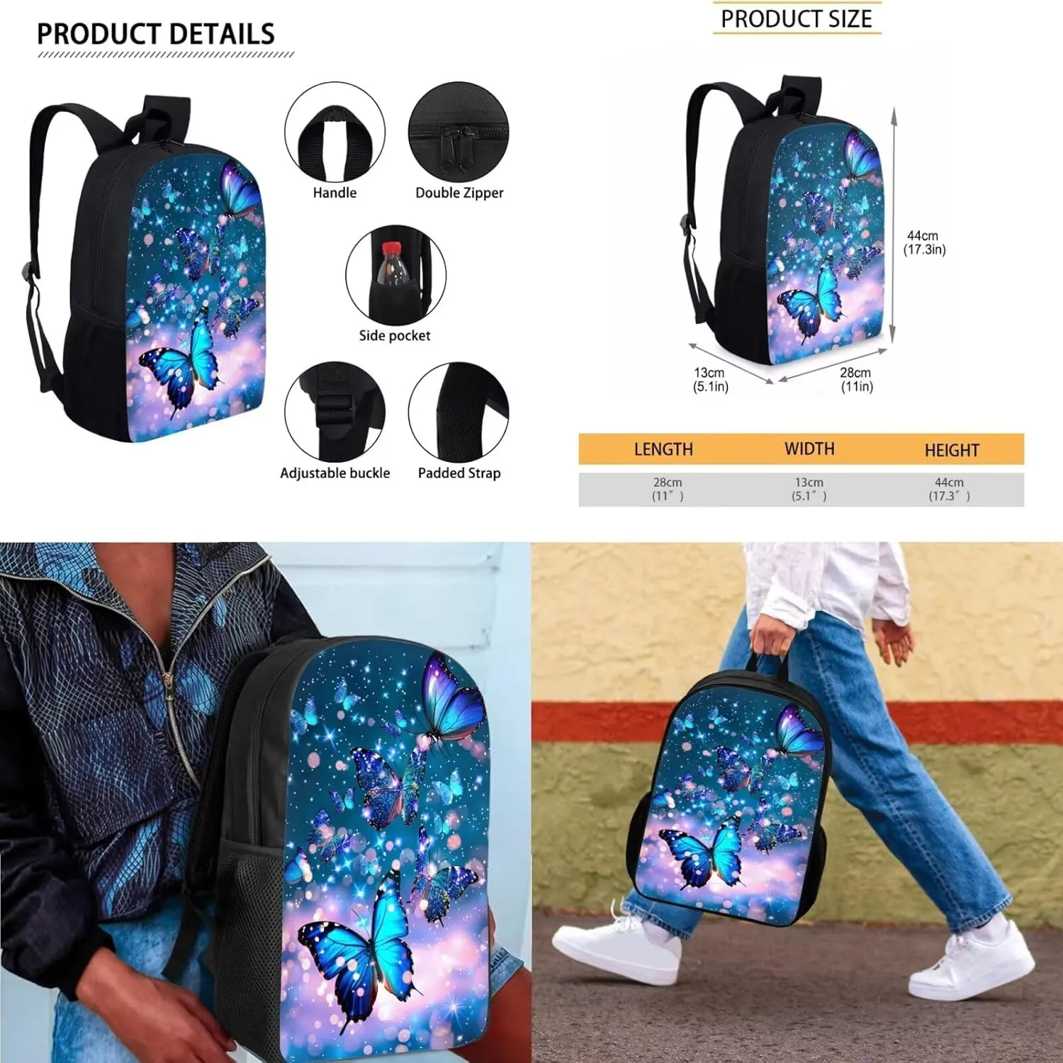 Butterfly Backpack for Girls Kids Backpack with Lunch Box and Aesthetic Pencil Case 3PCS Bookbag Set for School Teens 17 inch Large School Bag with Side Pocket Casual Daypack Backpacks