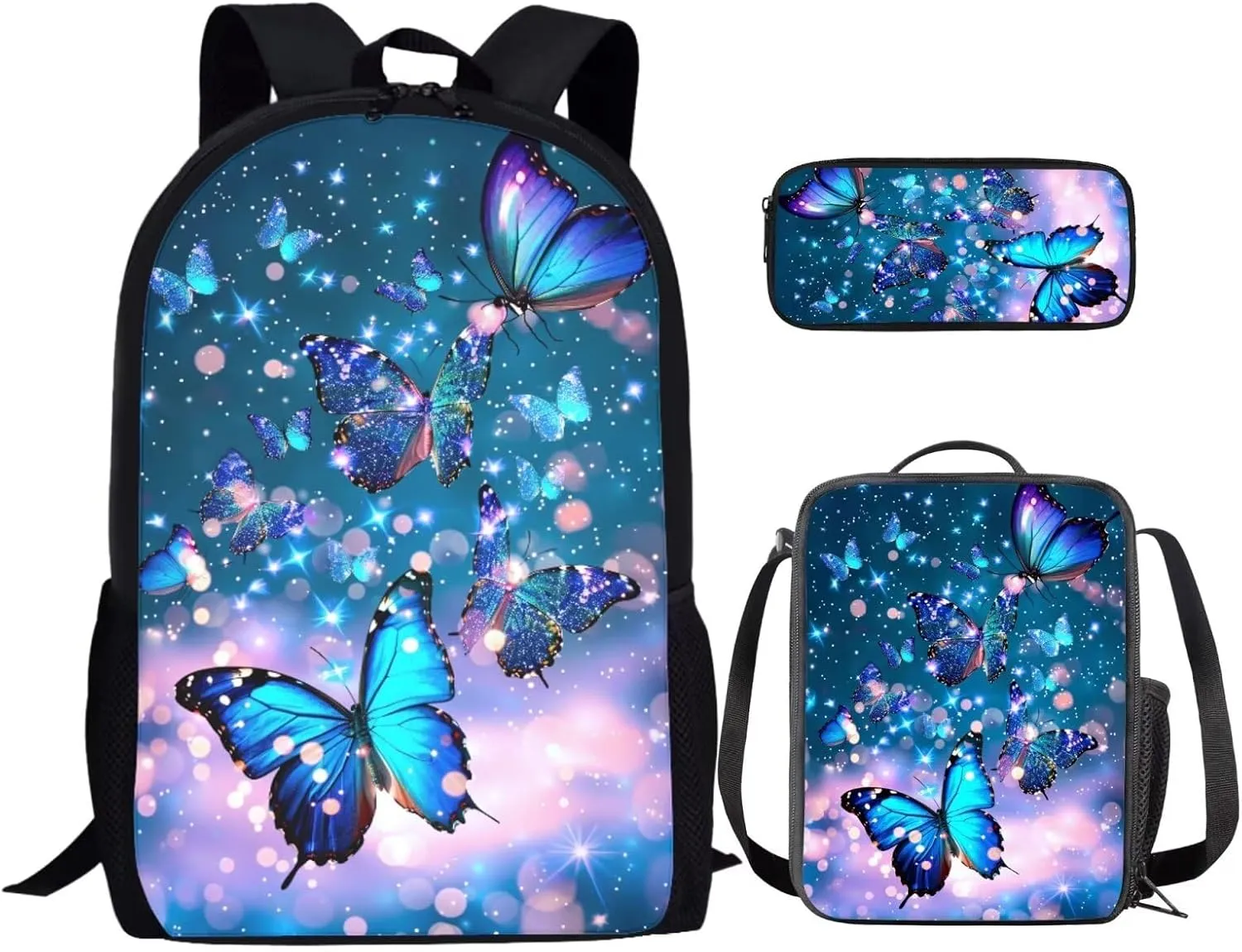 Butterfly Backpack for Girls Kids Backpack with Lunch Box and Aesthetic Pencil Case 3PCS Bookbag Set for School Teens 17 inch Large School Bag with Side Pocket Casual Daypack Backpacks