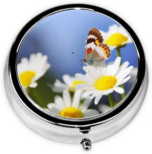 Butterfly On Daisy Pill Box Round Pill Case for Pocket Purse 3 Compartment Medicine Pill Organizer Cute Portable Travel Pillbox Vitamin Cod Liver Oil Storage Box Unique Gift Organizer
