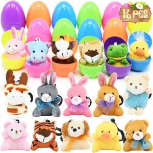 CAMIRUS 16Pcs Filled Easter Eggs with Mini Plush Animals Toys, Cute Small Stuffed Animals for Kids, Easter Party Favor, Easter Basket Stuffers Fillers, Easter Eggs Hunt