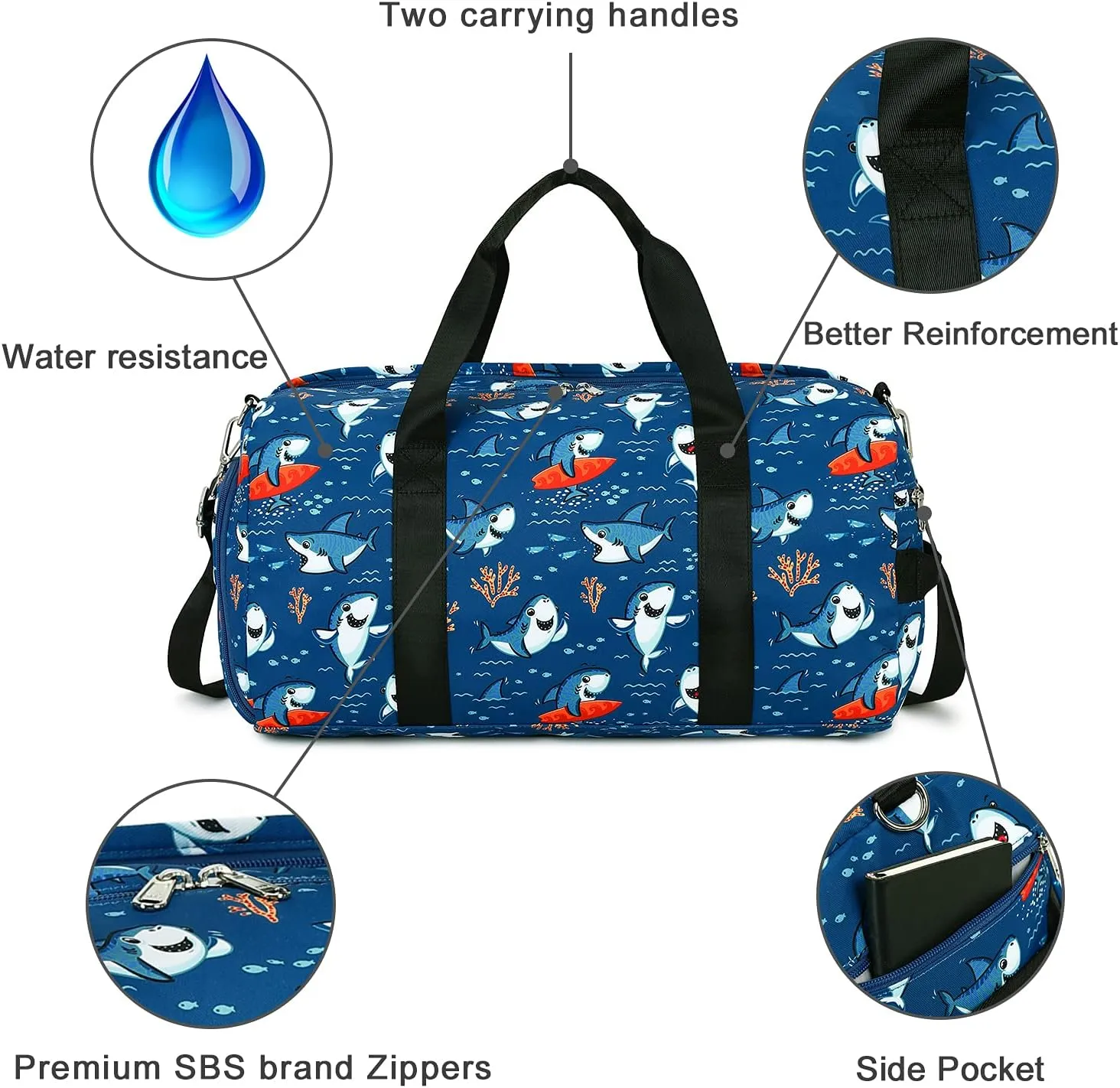 CAMTOP Kids Duffel Overnight Bag for Boys and Girls Toddler Carry-On Size Tote for Travel Duffle Gym Sport (Shark-Dark Blue)