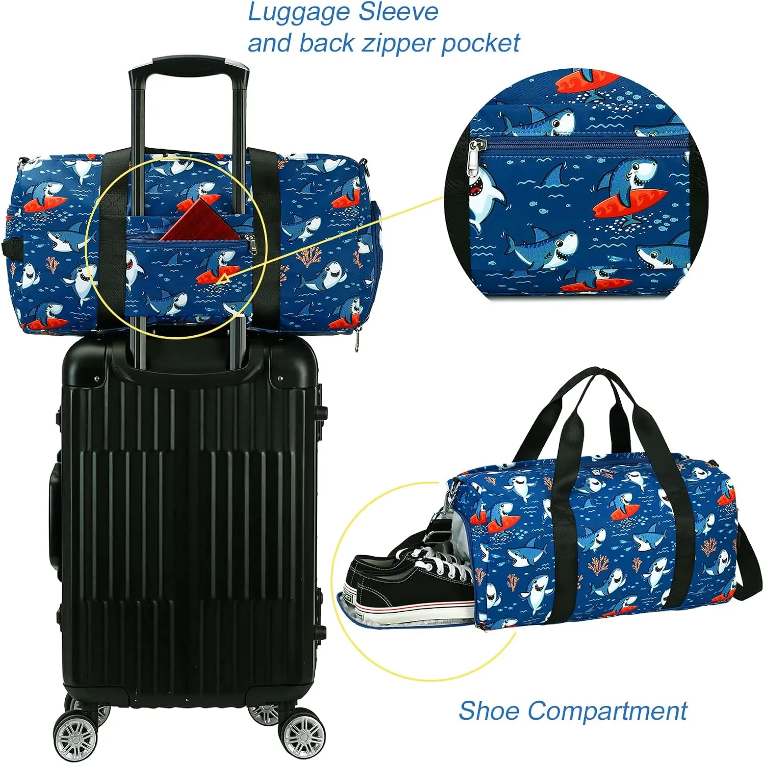 CAMTOP Kids Duffel Overnight Bag for Boys and Girls Toddler Carry-On Size Tote for Travel Duffle Gym Sport (Shark-Dark Blue)