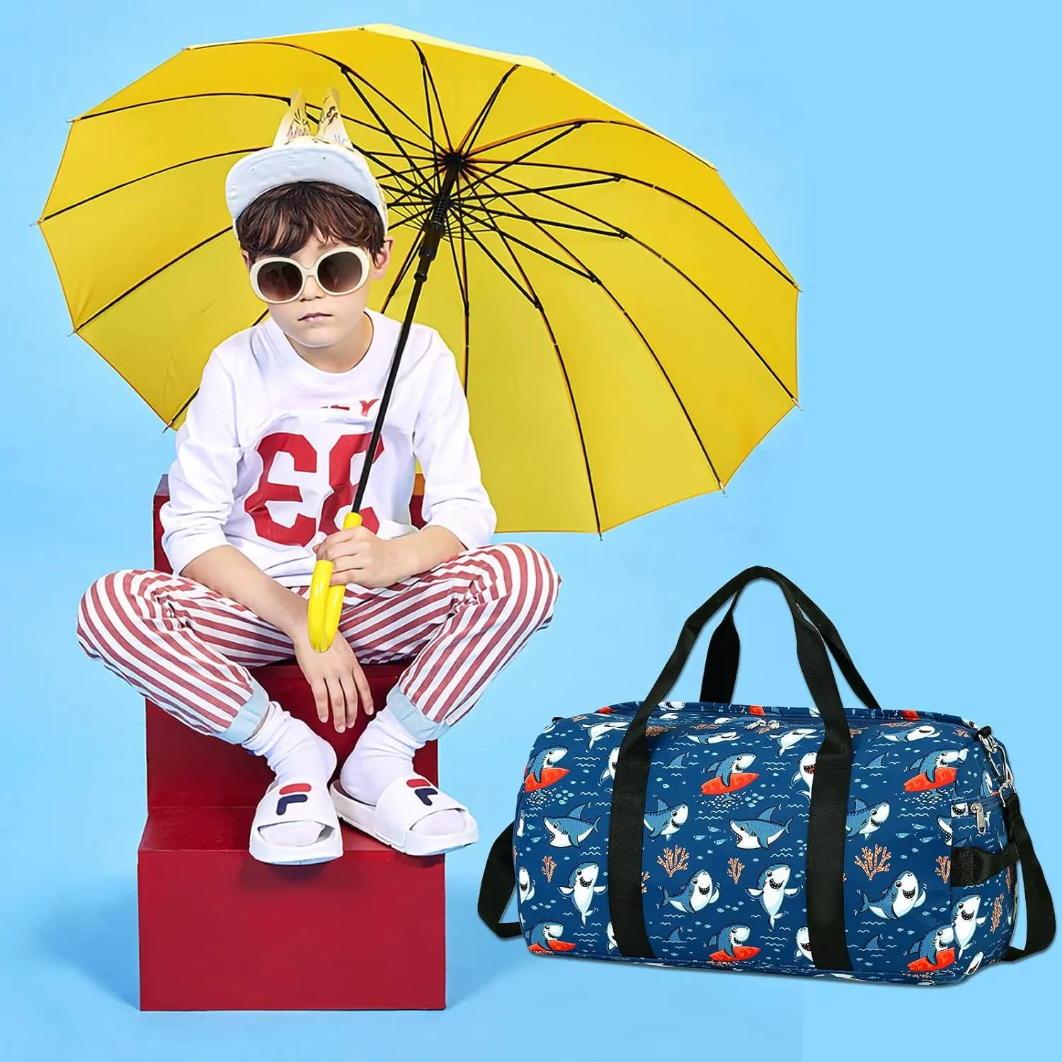 CAMTOP Kids Duffel Overnight Bag for Boys and Girls Toddler Carry-On Size Tote for Travel Duffle Gym Sport (Shark-Dark Blue)