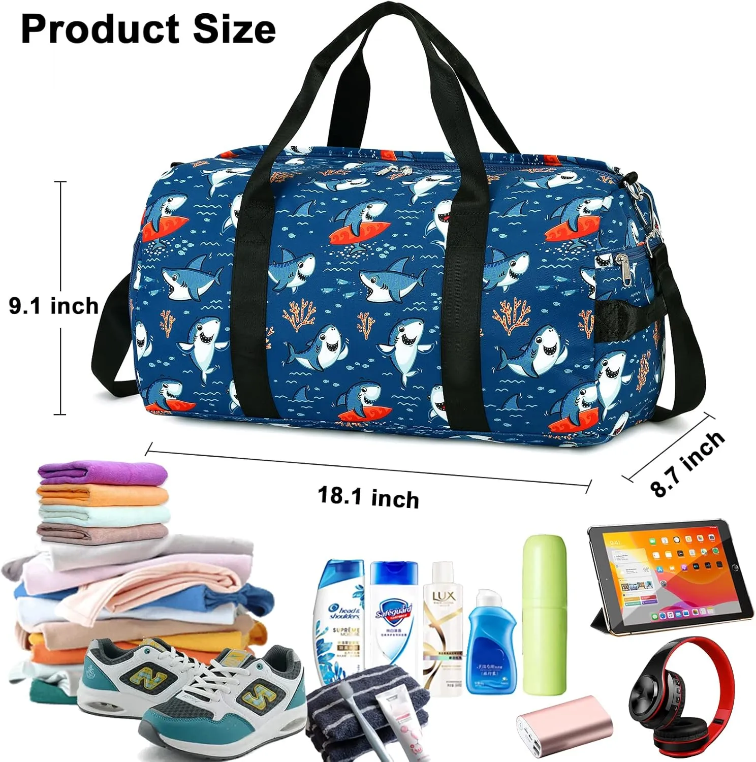 CAMTOP Kids Duffel Overnight Bag for Boys and Girls Toddler Carry-On Size Tote for Travel Duffle Gym Sport (Shark-Dark Blue)
