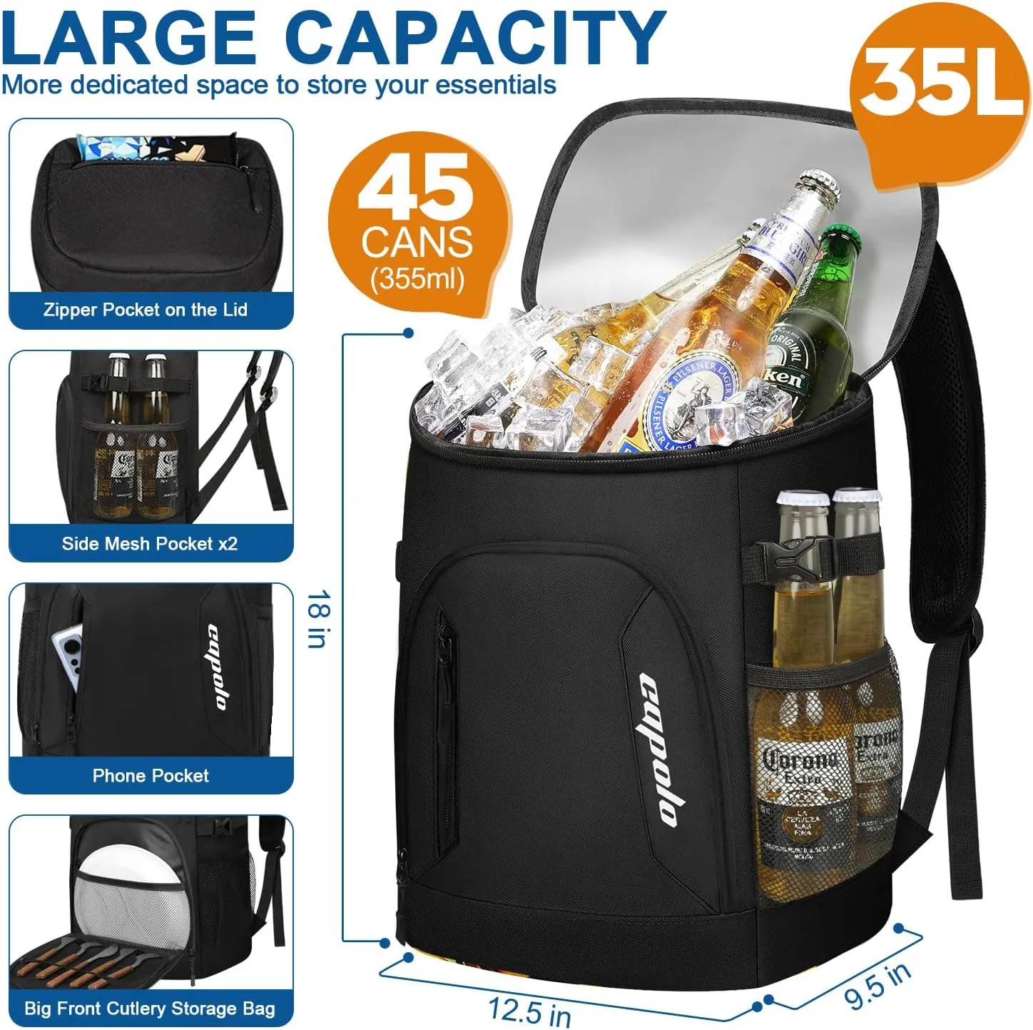 Capolo Cooler Backpack 30/45 Cans, Insulated Thermal Bag Beverage Soft Cooler Lunch Camping Travel Picnic Hiking for Men Women