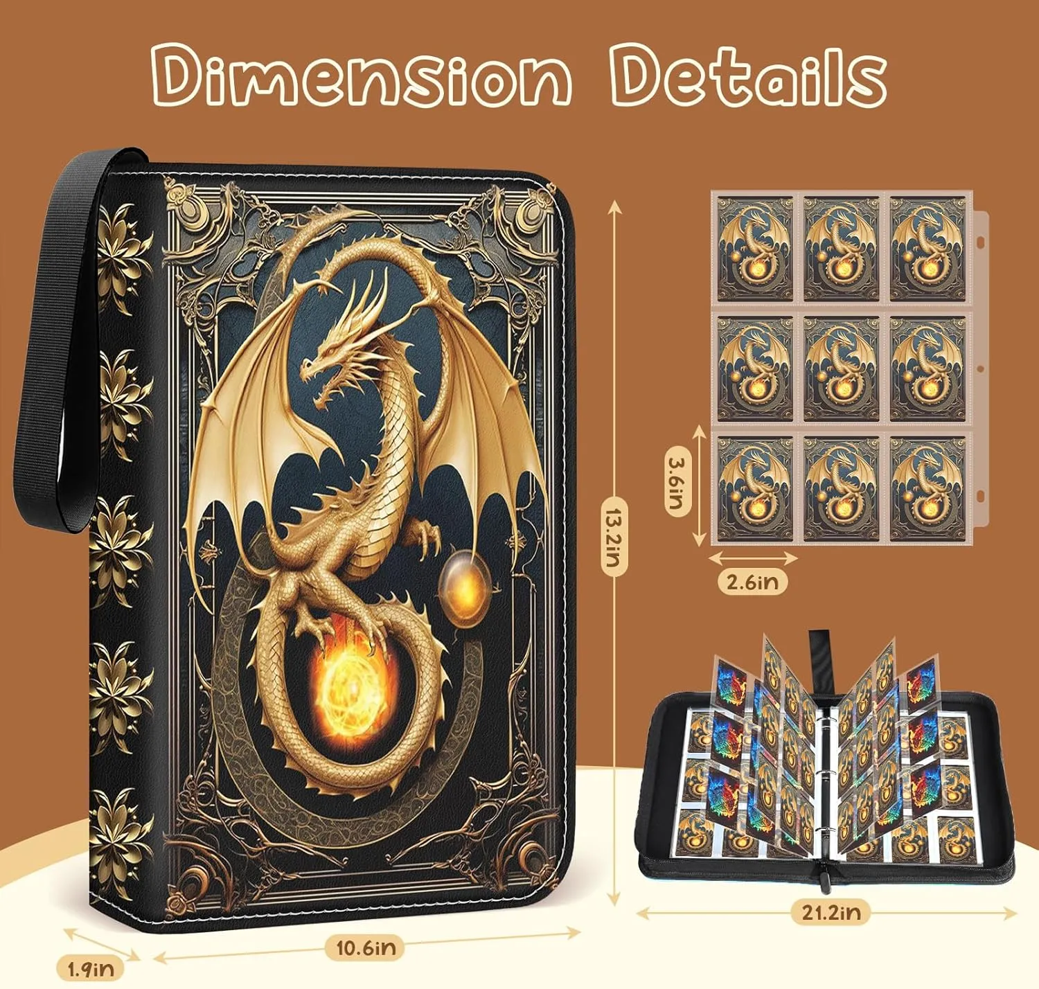 Card Binder 9 Pocket Collectible Trading Cards Storage with 50 Removable Sleeves Holder 900 Cards,3-Ring Zipper Design Perfect for Game, MTG & Sports Cards, Gifts for Boy and Girls (Gold, Large)