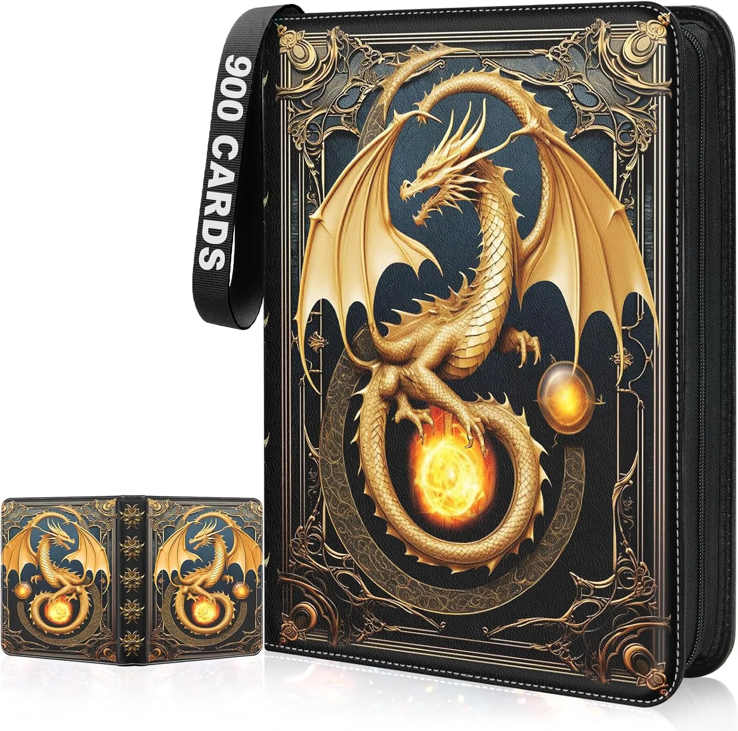 Card Binder 9 Pocket Collectible Trading Cards Storage with 50 Removable Sleeves Holder 900 Cards,3-Ring Zipper Design Perfect for Game, MTG & Sports Cards, Gifts for Boy and Girls (Gold, Large)