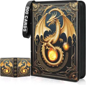 Card Binder 9 Pocket Collectible Trading Cards Storage with 50 Removable Sleeves Holder 900 Cards,3-Ring Zipper Design Perfect for Game, MTG & Sports Cards, Gifts for Boy and Girls (Gold, Large)