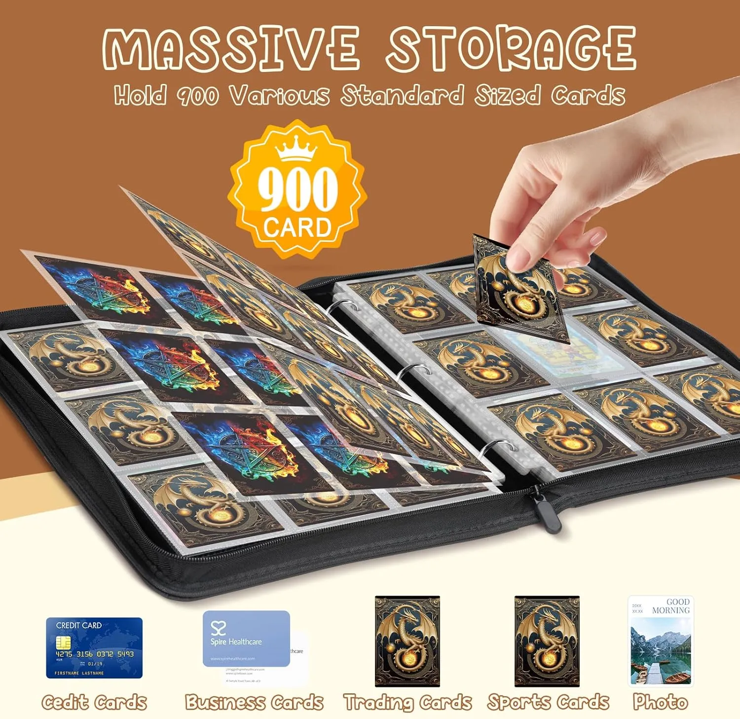 Card Binder 9 Pocket Collectible Trading Cards Storage with 50 Removable Sleeves Holder 900 Cards,3-Ring Zipper Design Perfect for Game, MTG & Sports Cards, Gifts for Boy and Girls (Gold, Large)