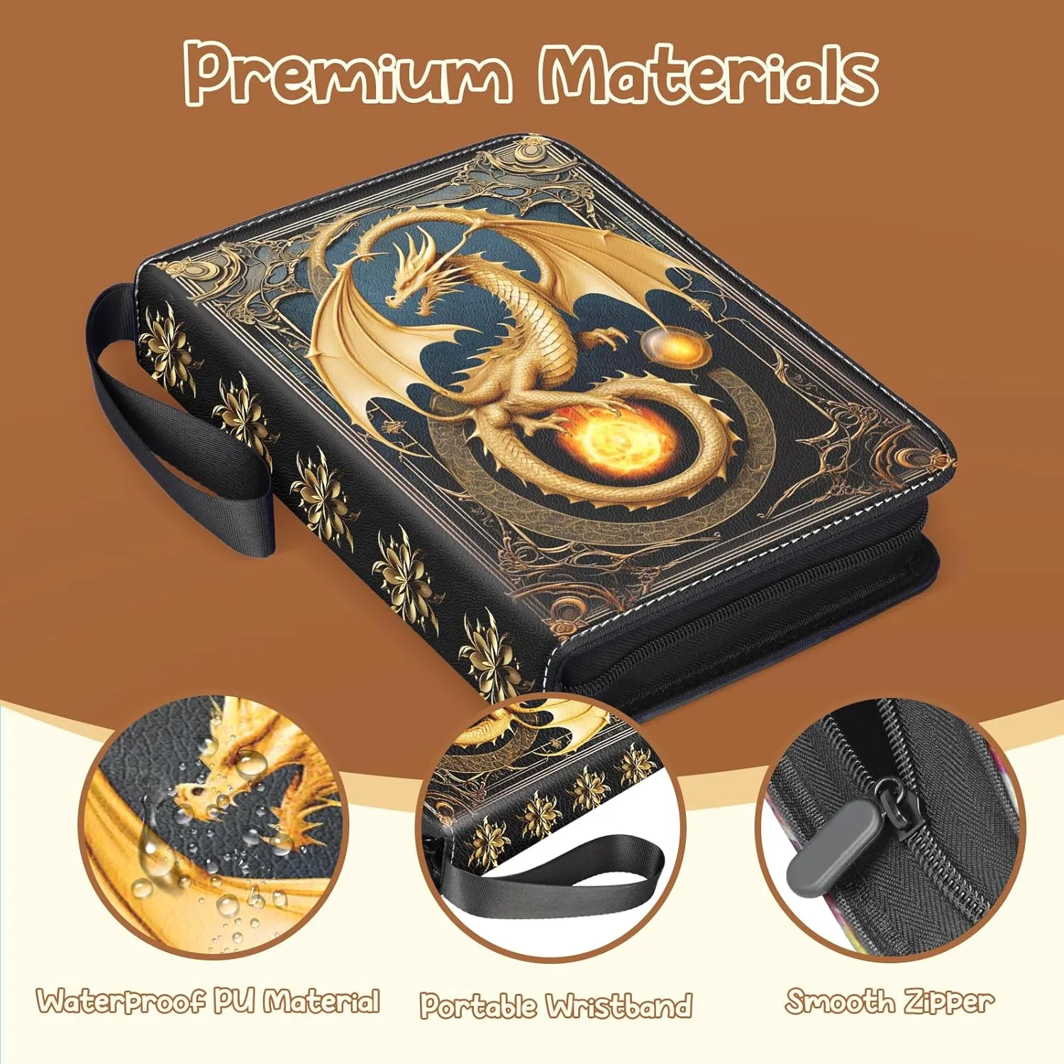 Card Binder 9 Pocket Collectible Trading Cards Storage with 50 Removable Sleeves Holder 900 Cards,3-Ring Zipper Design Perfect for Game, MTG & Sports Cards, Gifts for Boy and Girls (Gold, Large)