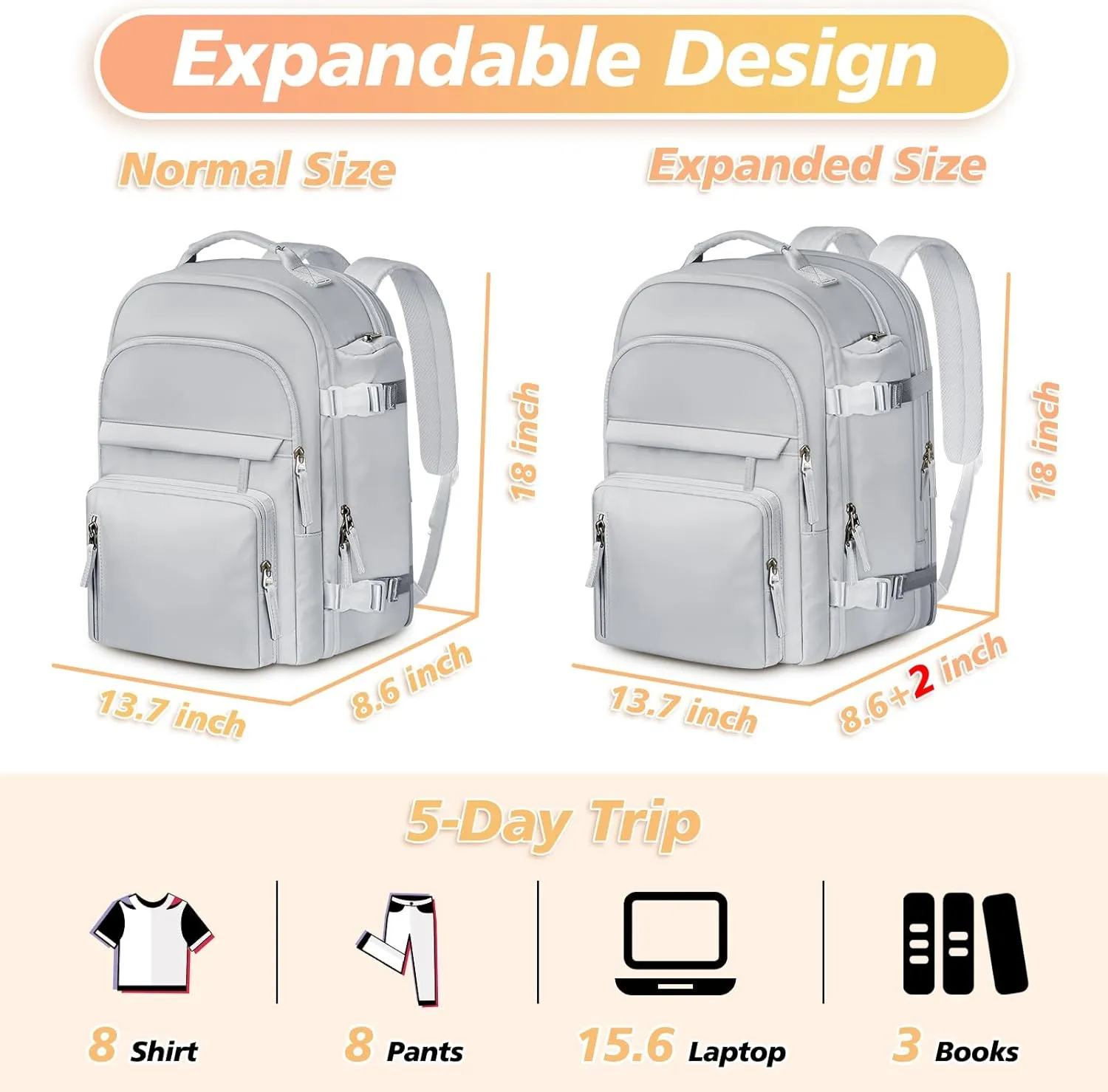 Carry on Backpack, 40L Expandable Travel Backpacks with Shoe Bag, Flight Approved Weekender Daypack Fit 17 Inch Notebook, Water Resistant Extra Large Overnight Bag for Men Women, Grey
