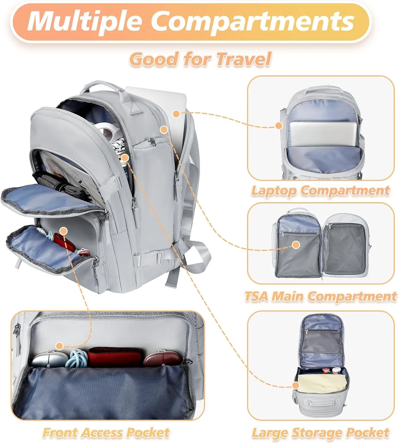 Carry on Backpack, 40L Expandable Travel Backpacks with Shoe Bag, Flight Approved Weekender Daypack Fit 17 Inch Notebook, Water Resistant Extra Large Overnight Bag for Men Women, Grey
