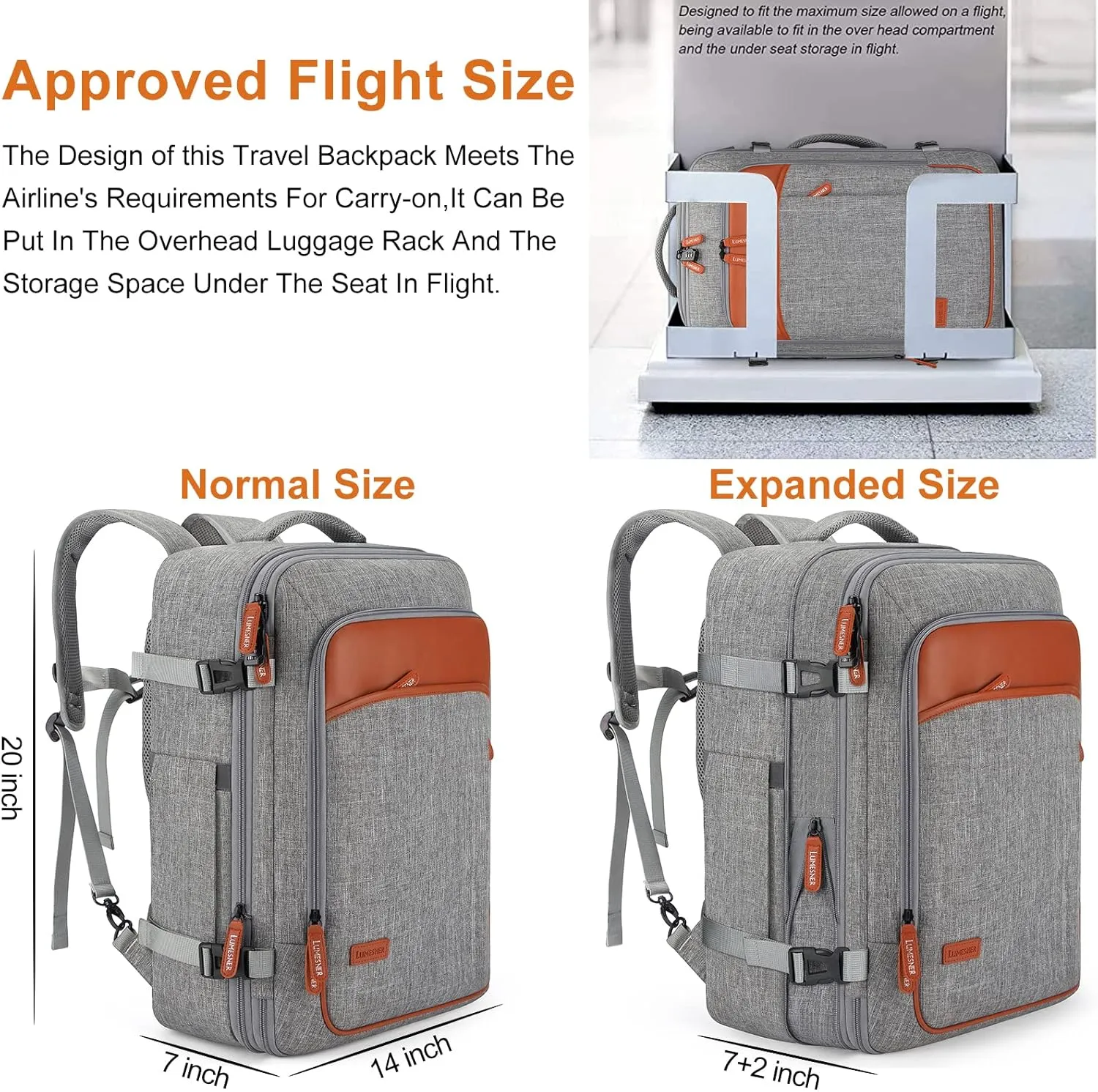 Carry on Travel Backpacks, Extra Large 40L Flight Approved bag for Men & Women,Expandable Suitcase With 4 Packing Cubes,Water Resistant Luggage Daypack Business Weekender Bag,Grey