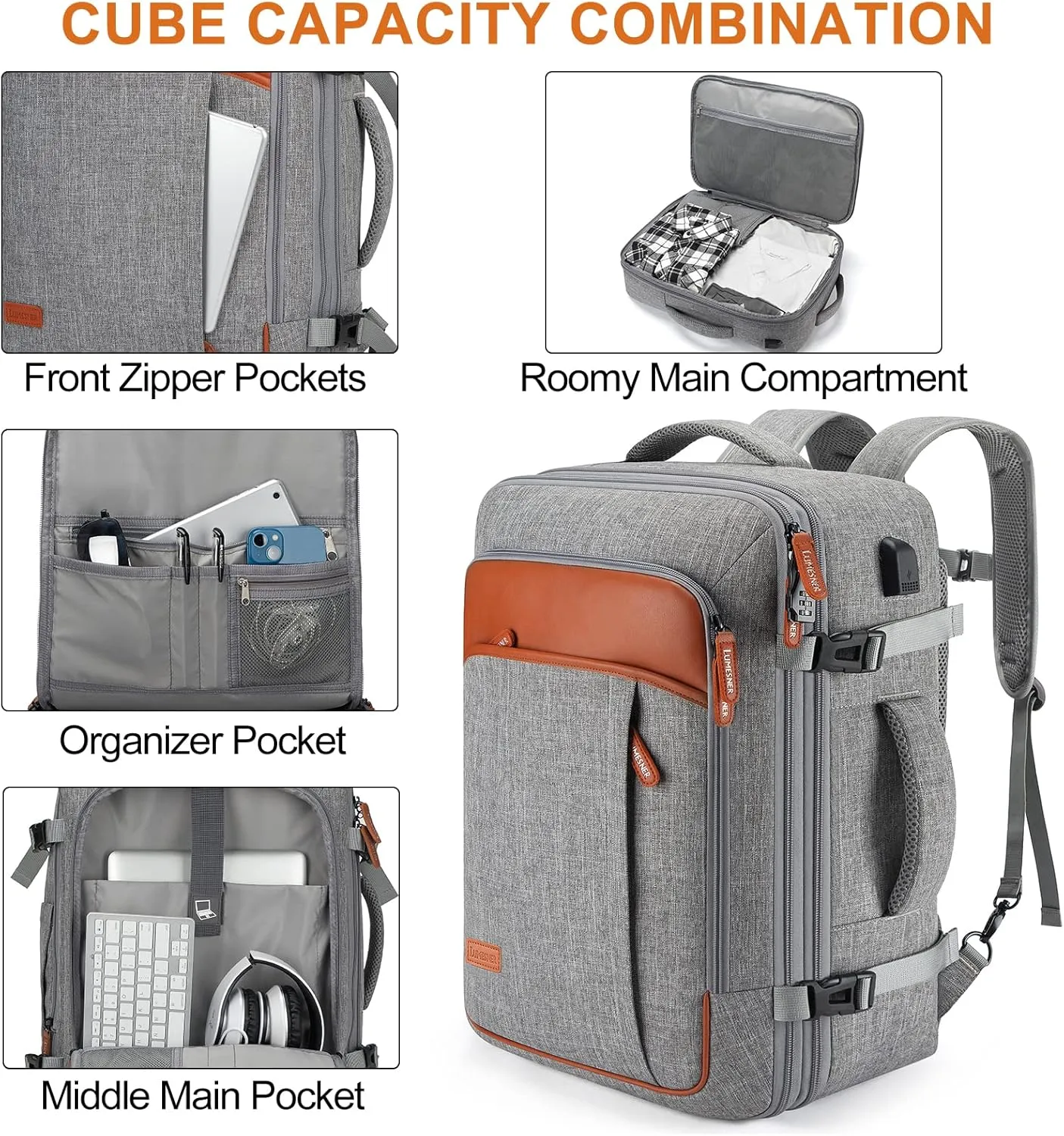 Carry on Travel Backpacks, Extra Large 40L Flight Approved bag for Men & Women,Expandable Suitcase With 4 Packing Cubes,Water Resistant Luggage Daypack Business Weekender Bag,Grey