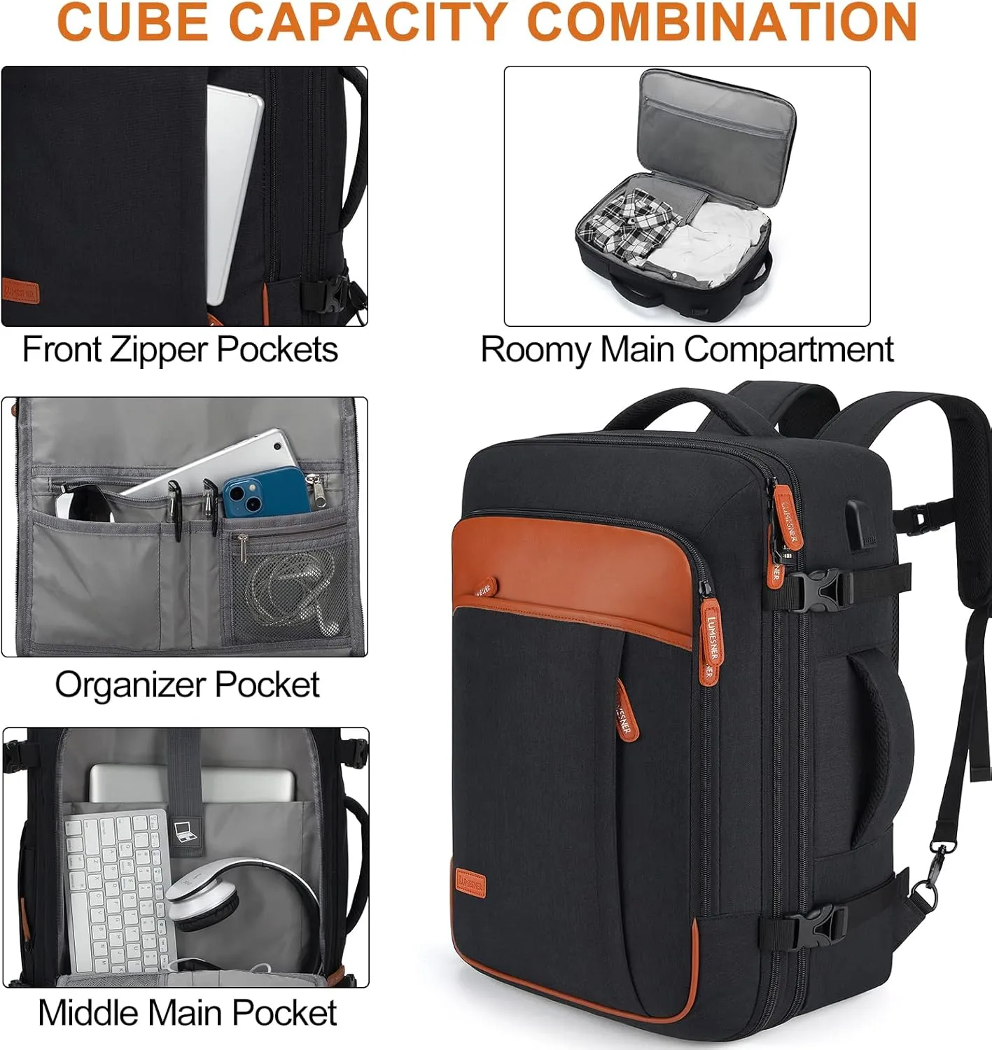 Carry on Travel Backpacks, Extra Large 40L Flight Approved for Men & Women,Expandable Suitcase With 4 Packing Cubes,Water Resistant Luggage Daypack Business Weekender Bag,Black