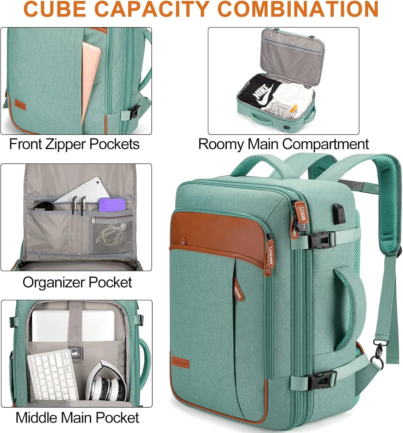 Carry on Travel Backpacks, Extra Large 40L Flight Approved for Men & Women,Expandable Suitcase With 4 Packing Cubes,Water Resistant Luggage Daypack Business Weekender Bag,Green