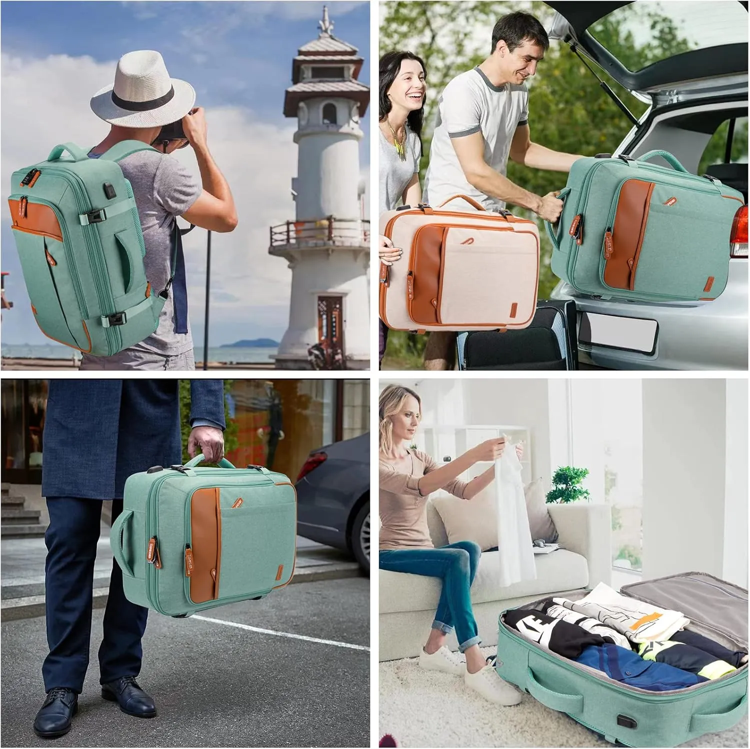 Carry on Travel Backpacks, Extra Large 40L Flight Approved for Men & Women,Expandable Suitcase With 4 Packing Cubes,Water Resistant Luggage Daypack Business Weekender Bag,Green