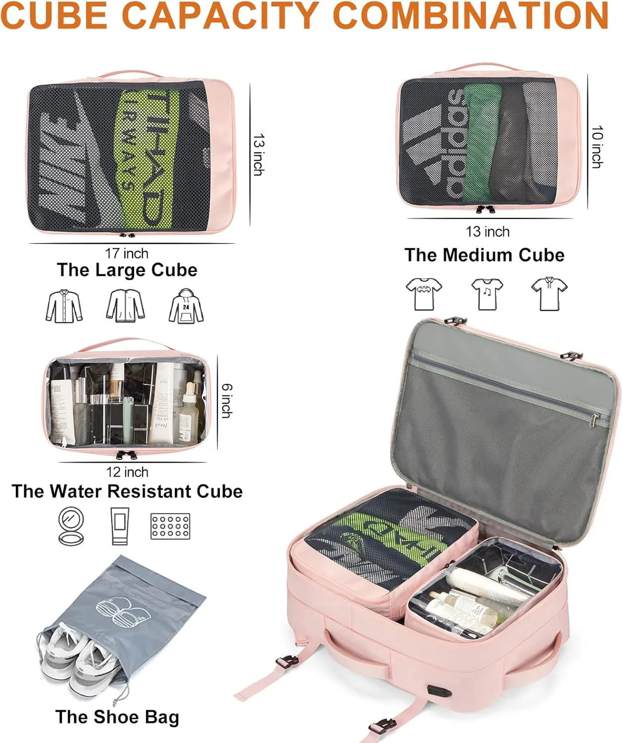 Carry on Travel Backpacks, Extra Large 40L Flight Approved for Men & Women,Expandable Suitcase With 4 Packing Cubes,Water Resistant Luggage Daypack Business Weekender Bag,Pink