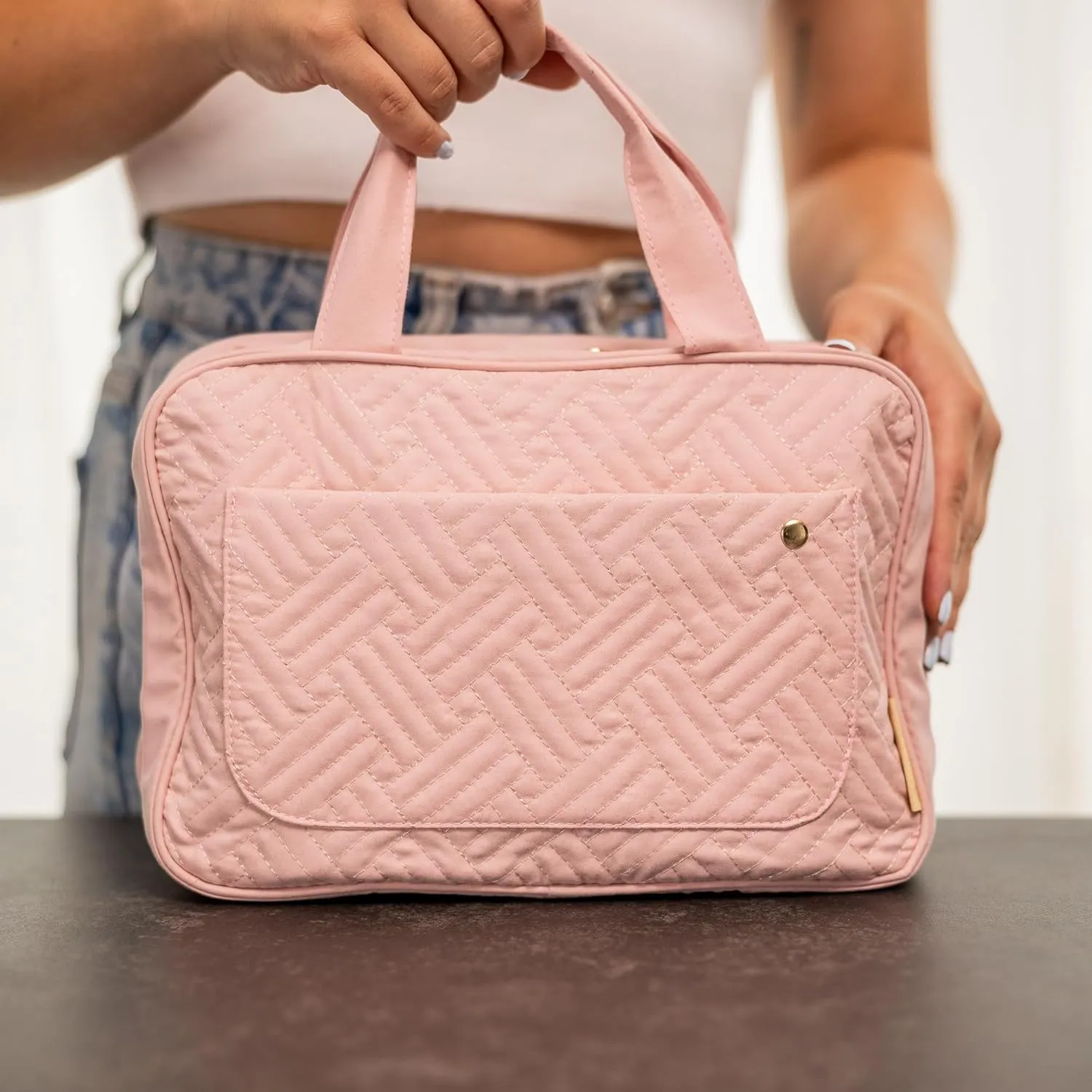 Carrywell (Not Made In China) Hanging Toiletry Bag For Women, Toiletries Bag, Travel Make Up Organizer, Water-Resistant Case For Cosmetics, Makeup and Brushes (Pink, Small)