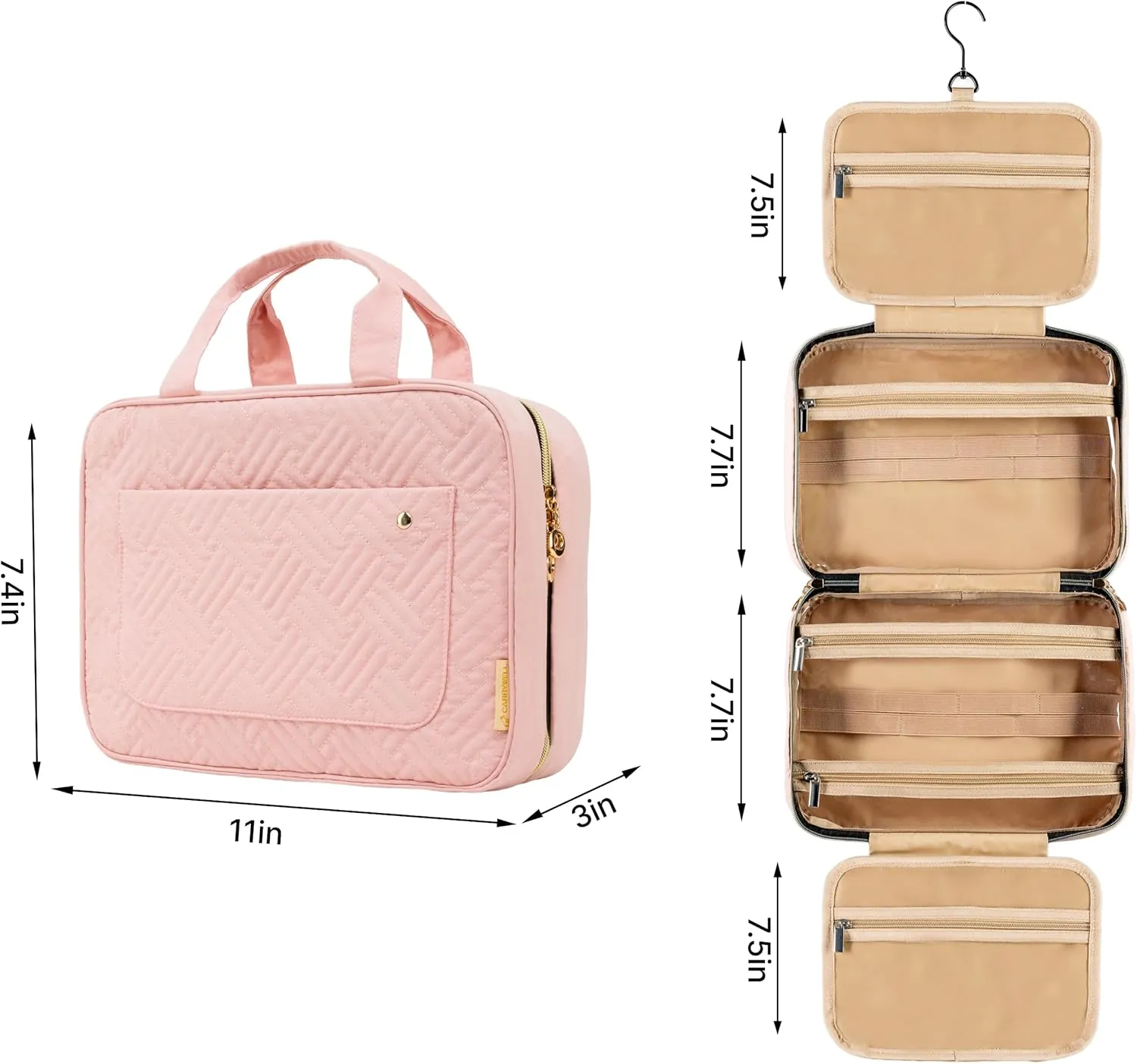 Carrywell (Not Made In China) Hanging Toiletry Bag For Women, Toiletries Bag, Travel Make Up Organizer, Water-Resistant Case For Cosmetics, Makeup and Brushes (Pink, Small)