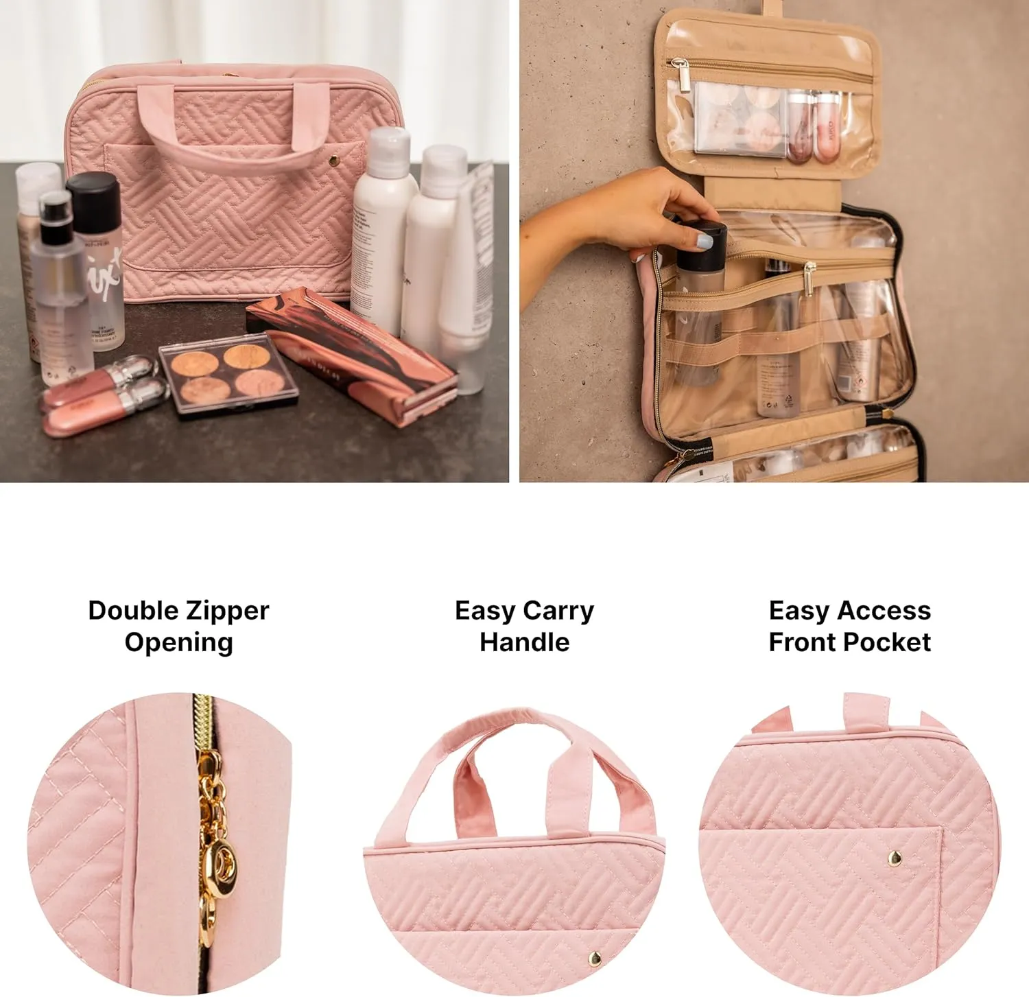 Carrywell (Not Made In China) Hanging Toiletry Bag For Women, Toiletries Bag, Travel Make Up Organizer, Water-Resistant Case For Cosmetics, Makeup and Brushes (Pink, Small)