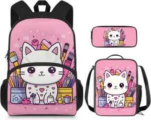 Cartoon Cat Kids' Backpacks & Lunch Boxes Pen Kids Bookbag Travel Backpack for Kids Bento Box Lunch Bag for Kids Pencil Box Storage Water Resistant Kids Travel Backpack