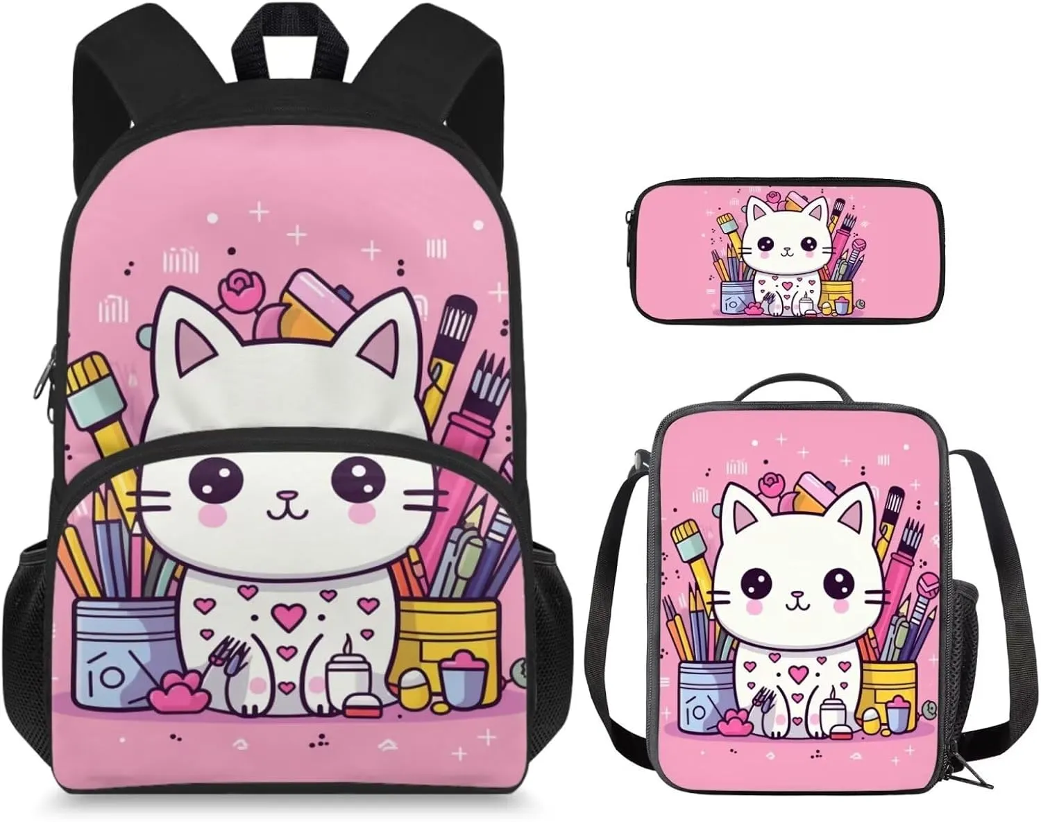 Cartoon Cat Kids' Backpacks & Lunch Boxes Pen Kids Bookbag Travel Backpack for Kids Bento Box Lunch Bag for Kids Pencil Box Storage Water Resistant Kids Travel Backpack