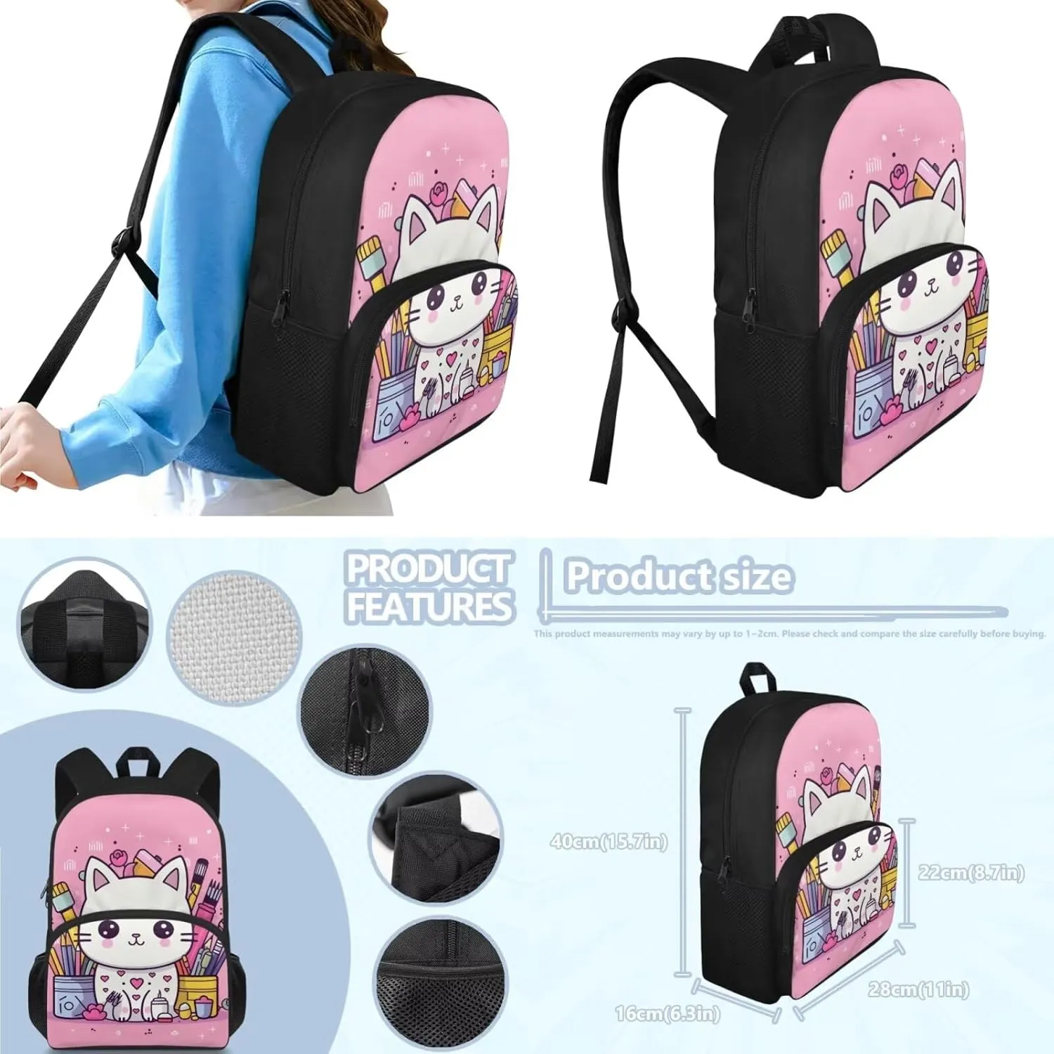 Cartoon Cat Kids' Backpacks & Lunch Boxes Pen Kids Bookbag Travel Backpack for Kids Bento Box Lunch Bag for Kids Pencil Box Storage Water Resistant Kids Travel Backpack