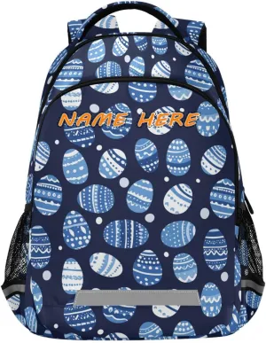 Cartoon Cute Blue and White Easter Eggs customized name backpack for kids travel with chest clip personalized name tag book bags for 6th grade school boys girls mochila para ni?as reflective