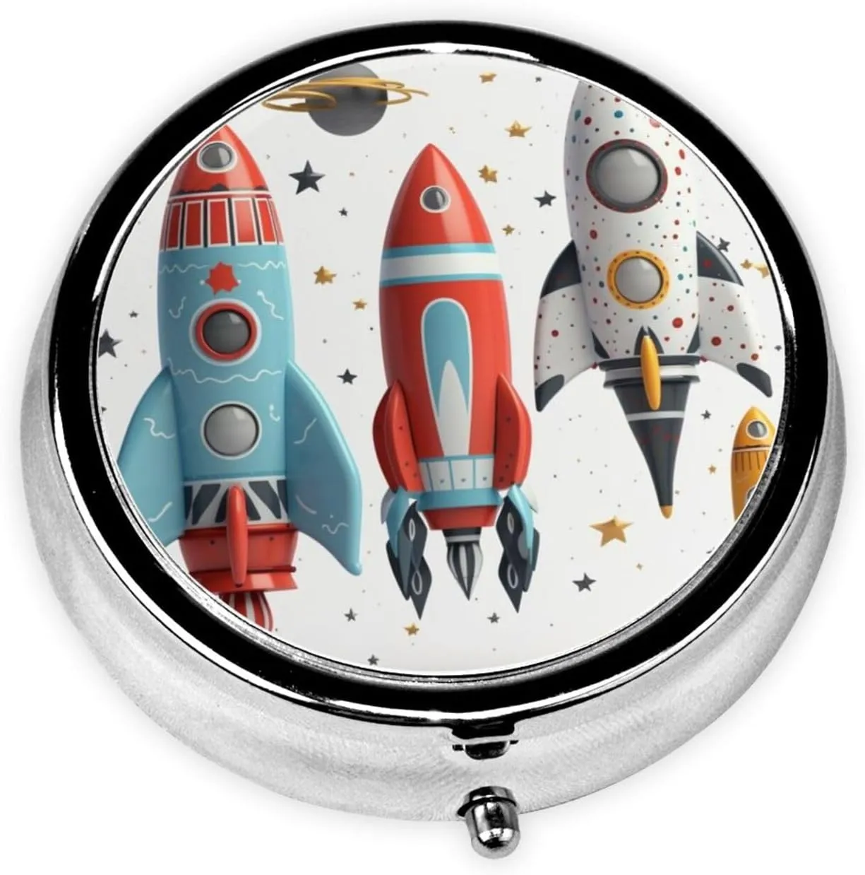 Cartoon Rockets Pill Box Round Pill Case for Pocket Purse 3 Compartment Medicine Pill Organizer Cute Portable Travel Pillbox Vitamin Cod Liver Oil Storage Box Unique Gift Organizer