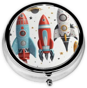 Cartoon Rockets Pill Box Round Pill Case for Pocket Purse 3 Compartment Medicine Pill Organizer Cute Portable Travel Pillbox Vitamin Cod Liver Oil Storage Box Unique Gift Organizer