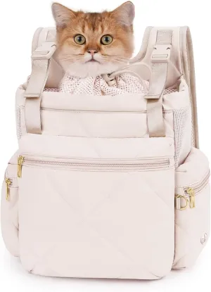 Cat Carrier Puffy Backpack Breathable Small Dog Front Backpack Large Space for Small Dogs, Drawstring & Water-Resisant Pet Bag for Travel Hiking, Beige Gray Patent Pending